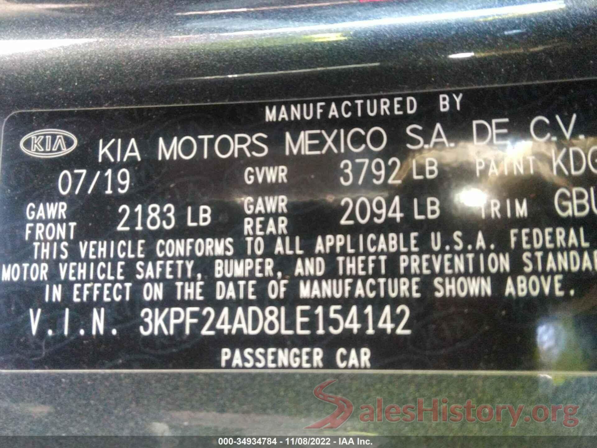 3KPF24AD8LE154142 2020 KIA FORTE