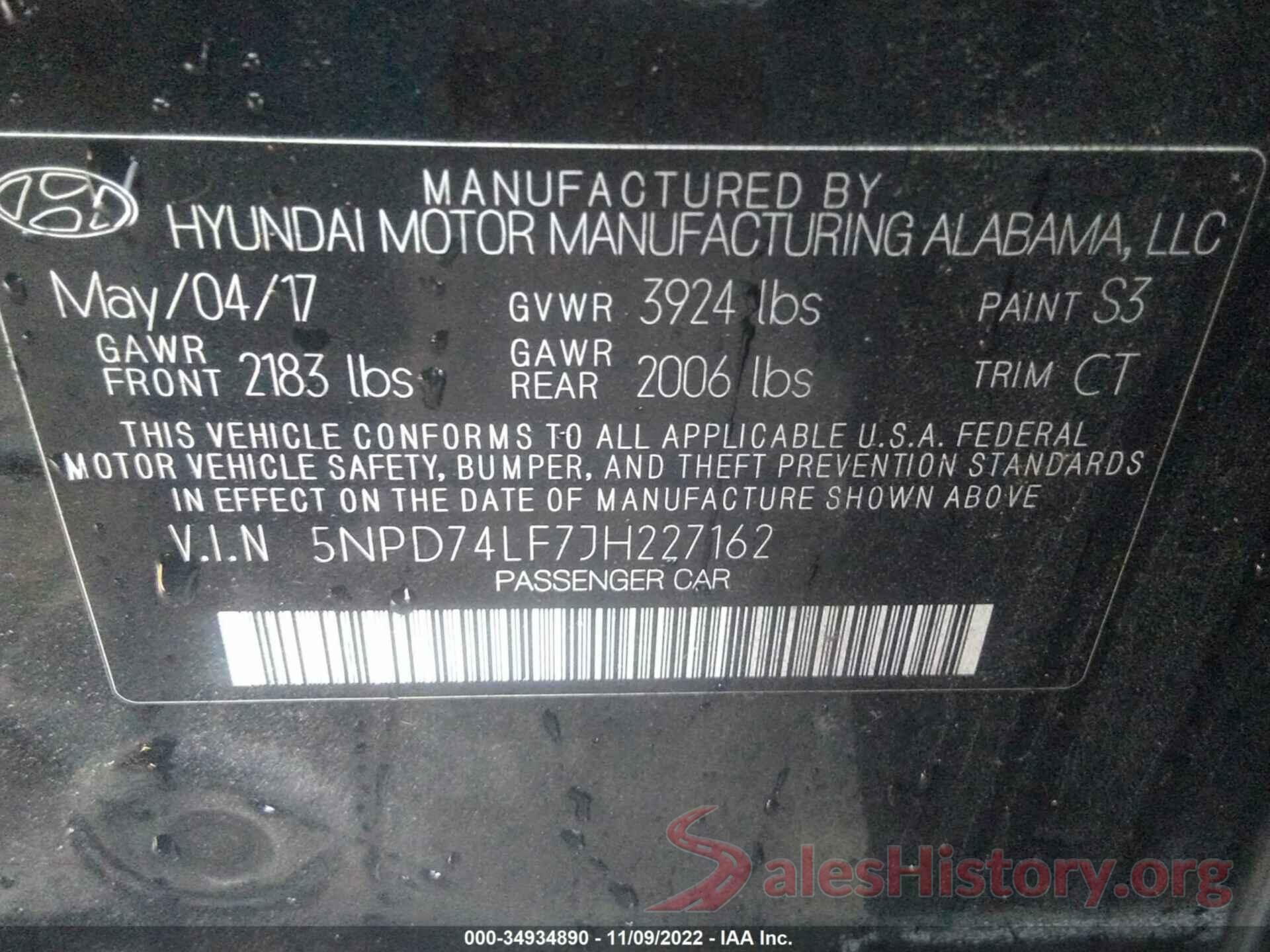 5NPD74LF7JH227162 2018 HYUNDAI ELANTRA