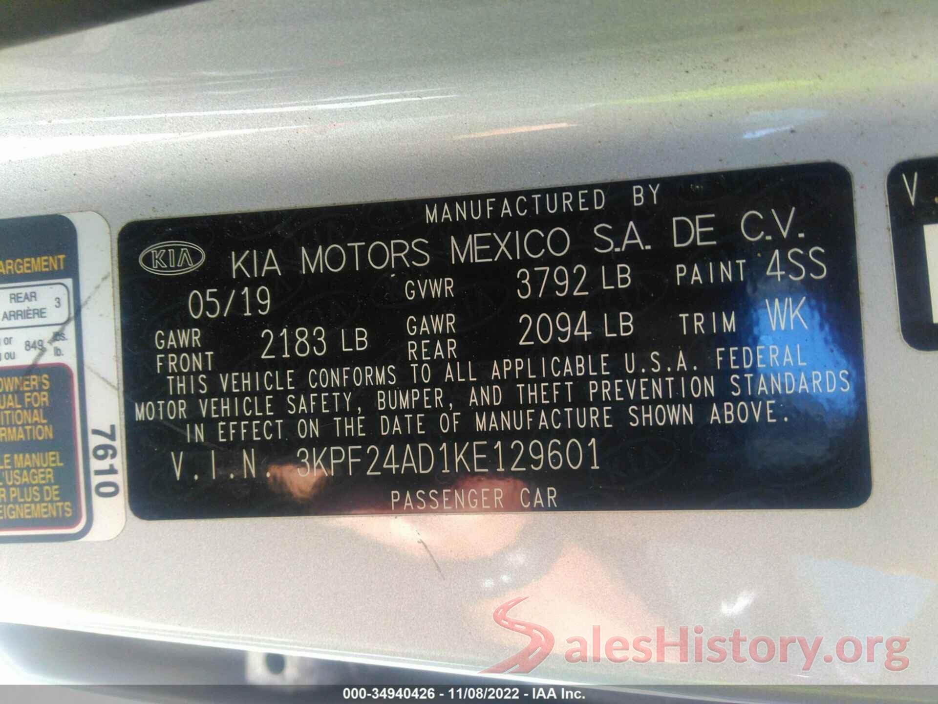 3KPF24AD1KE129601 2019 KIA FORTE