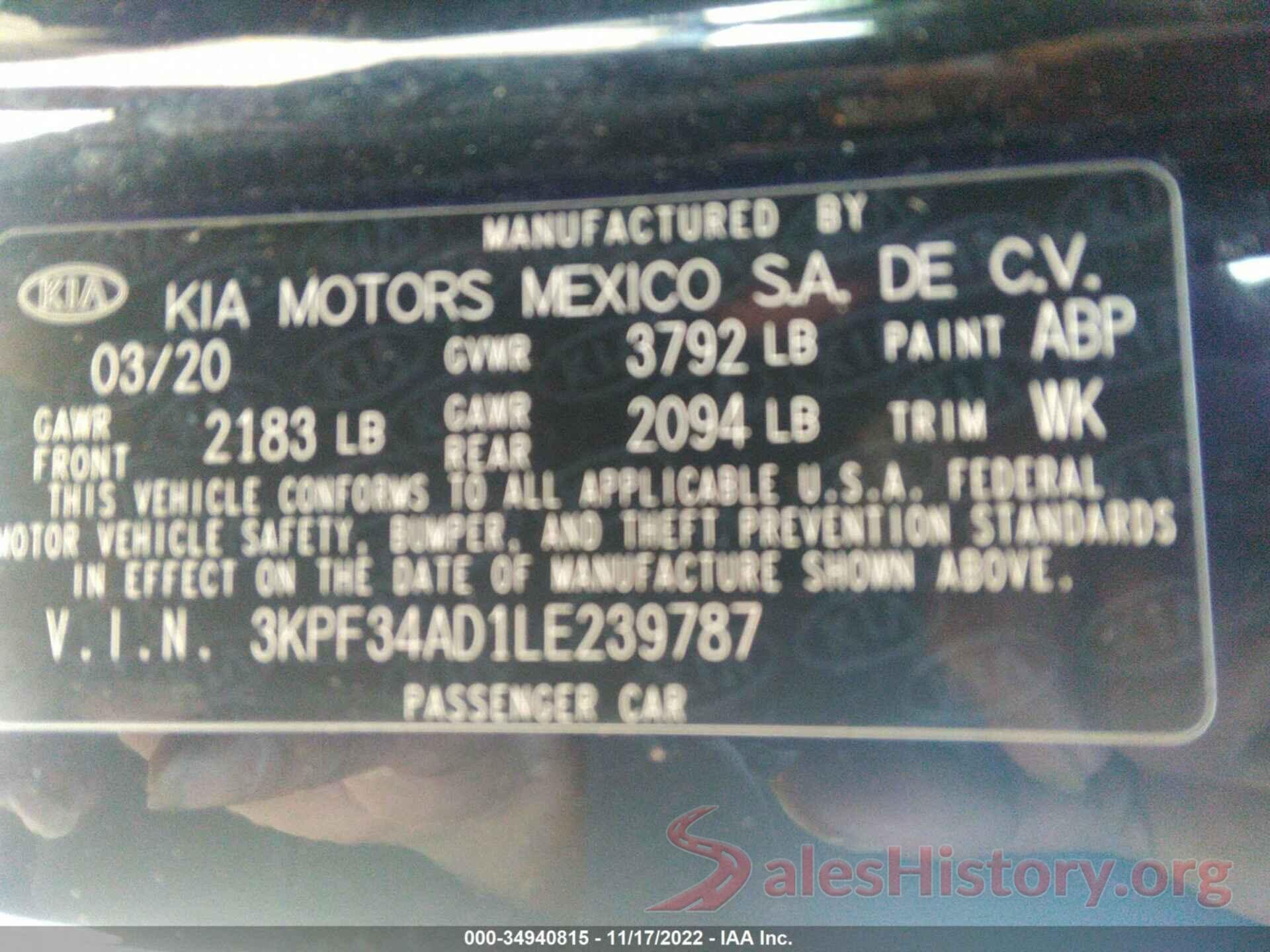 3KPF34AD1LE239787 2020 KIA FORTE