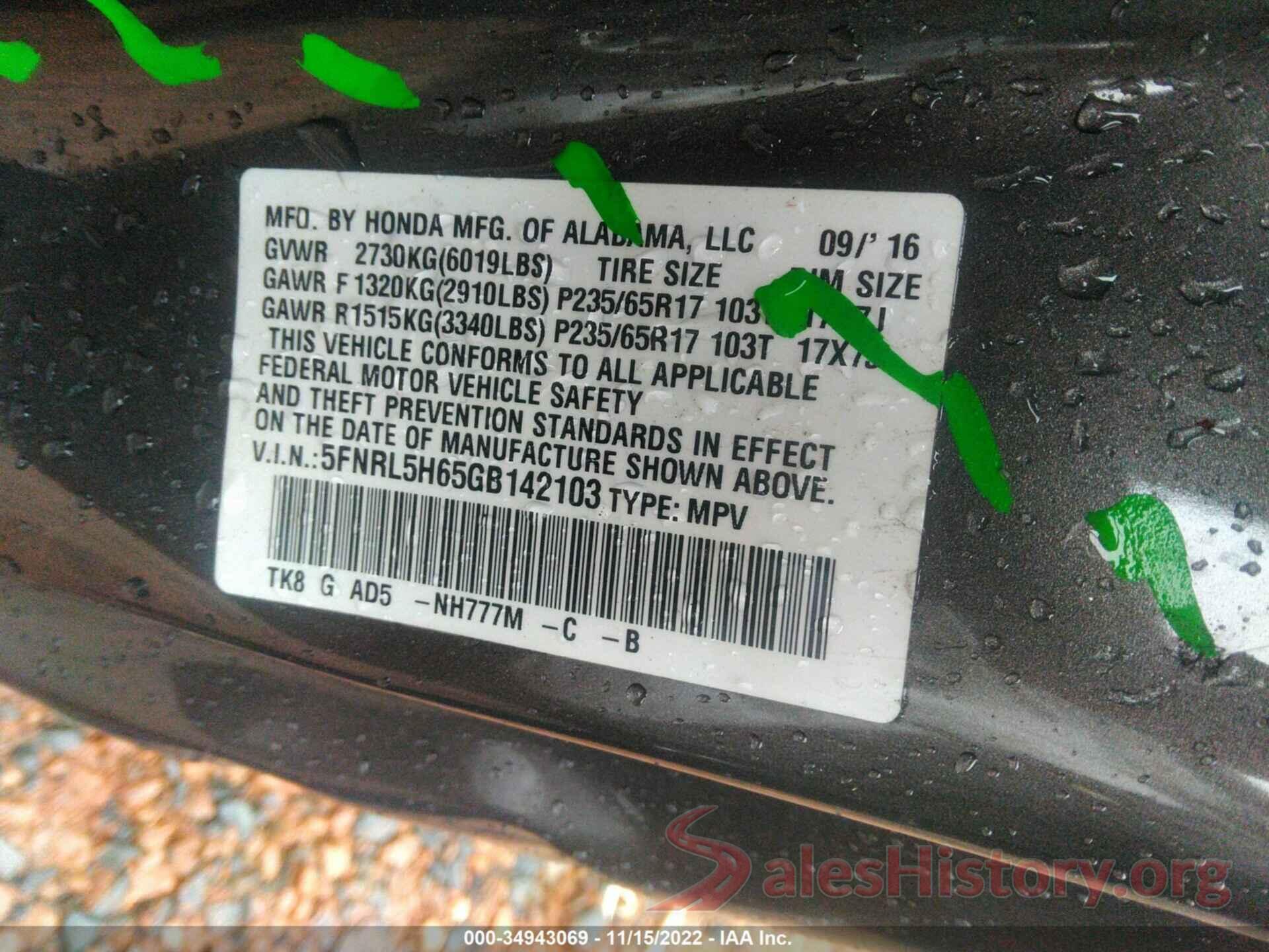 5FNRL5H65GB142103 2016 HONDA ODYSSEY