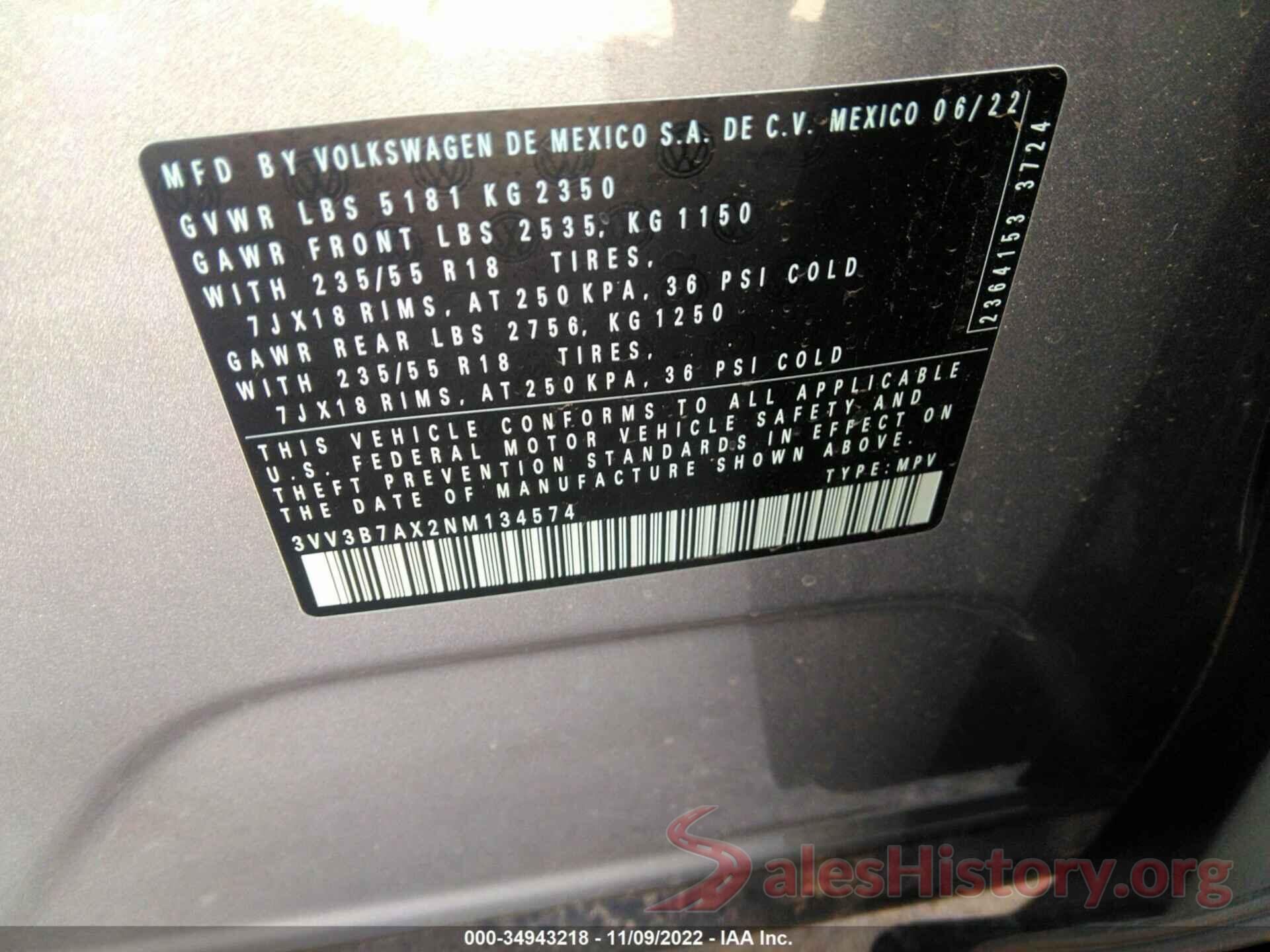 3VV3B7AX2NM134574 2022 VOLKSWAGEN TIGUAN