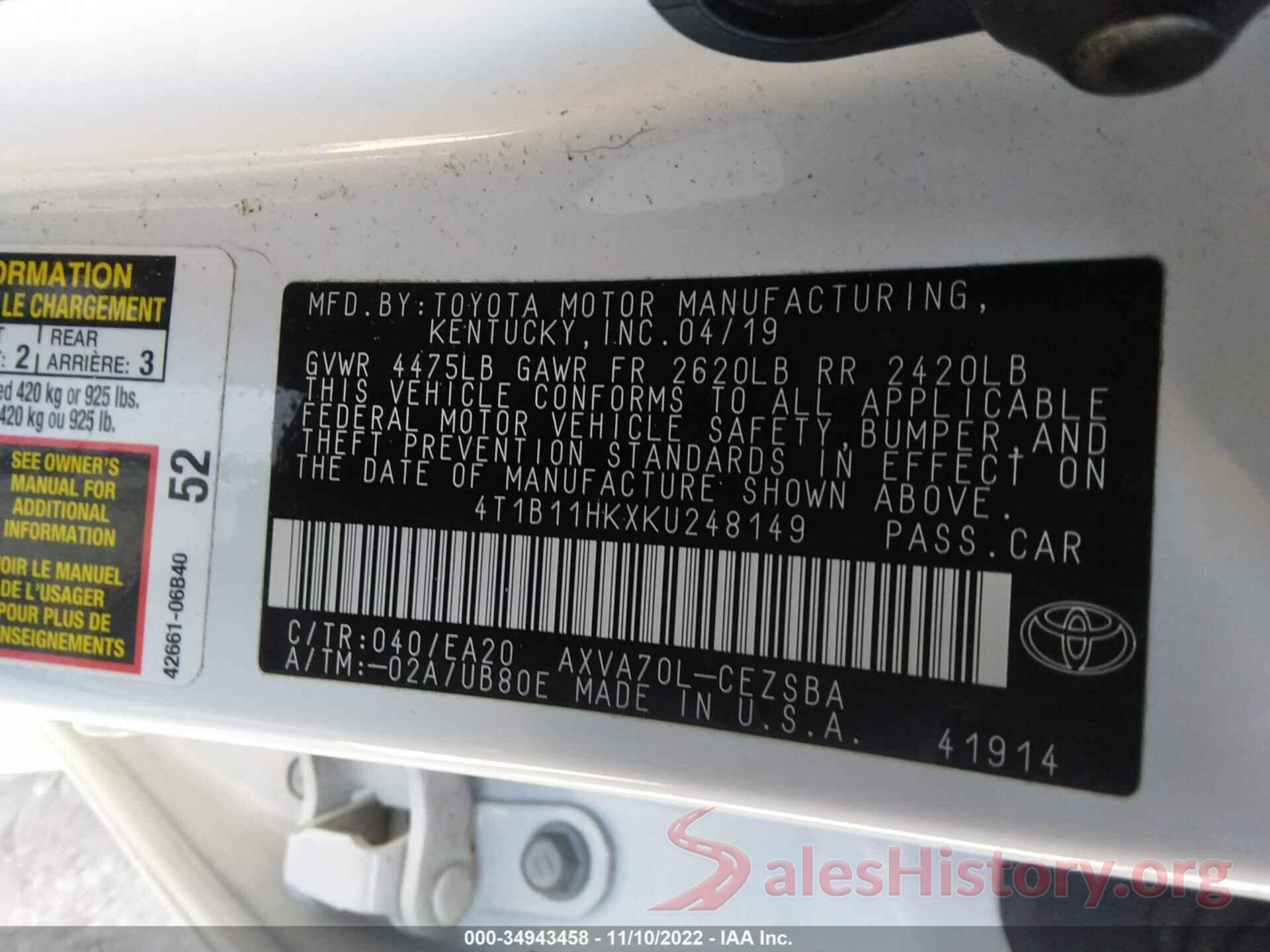 4T1B11HKXKU248149 2019 TOYOTA CAMRY