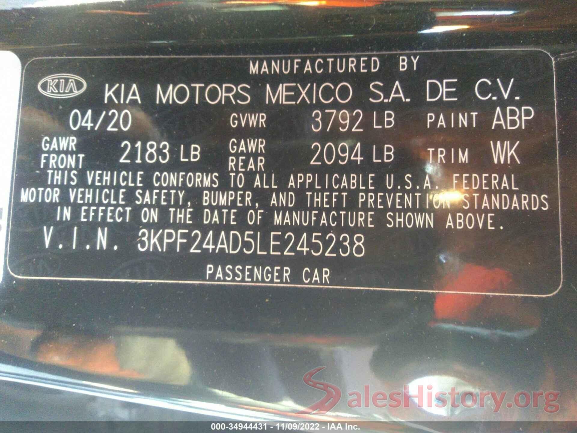 3KPF24AD5LE245238 2020 KIA FORTE