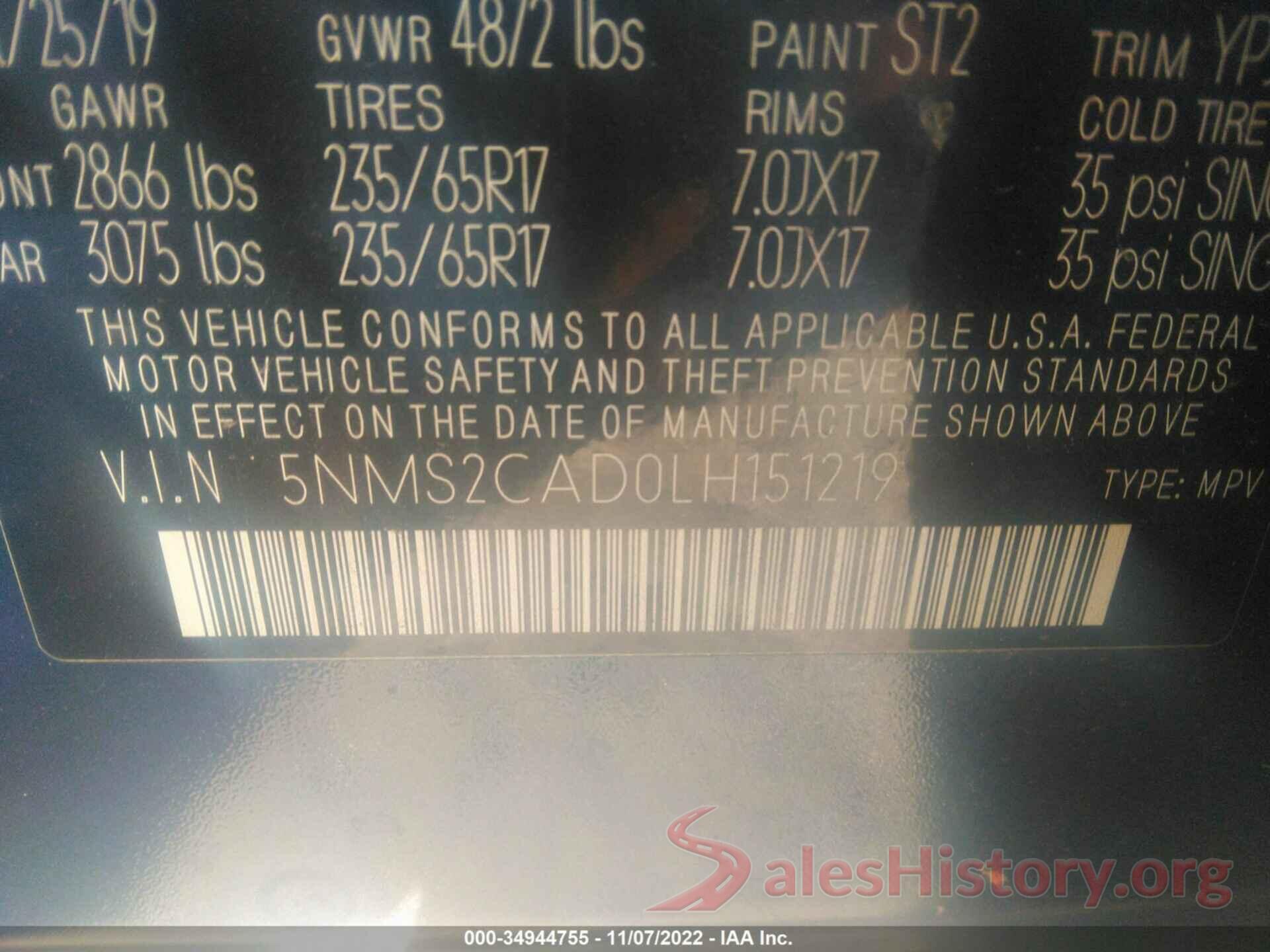 5NMS2CAD0LH151219 2020 HYUNDAI SANTA FE