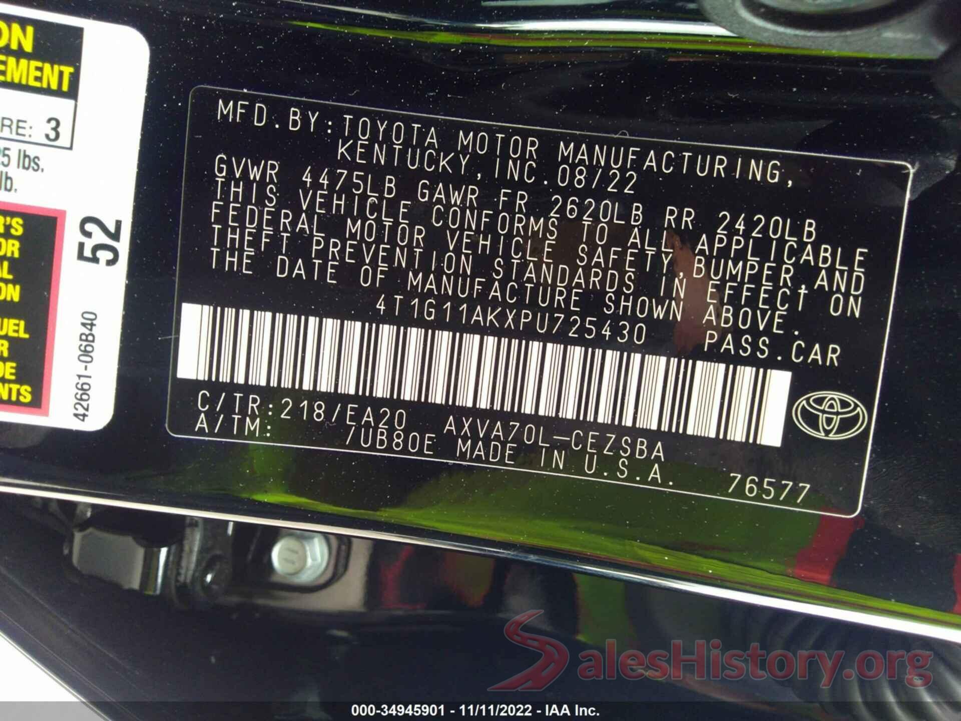 4T1G11AKXPU725430 2023 TOYOTA CAMRY