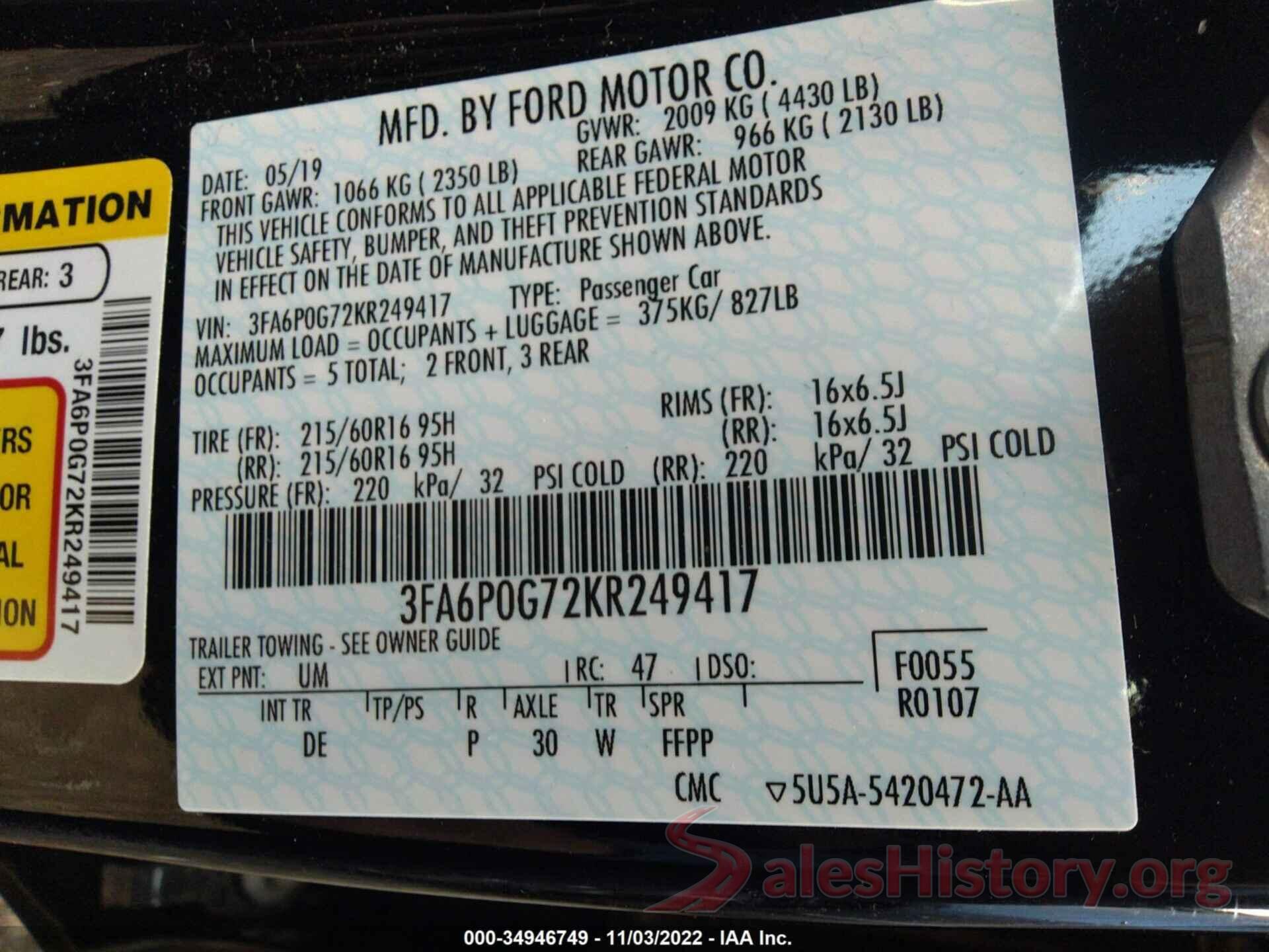 3FA6P0G72KR249417 2019 FORD FUSION