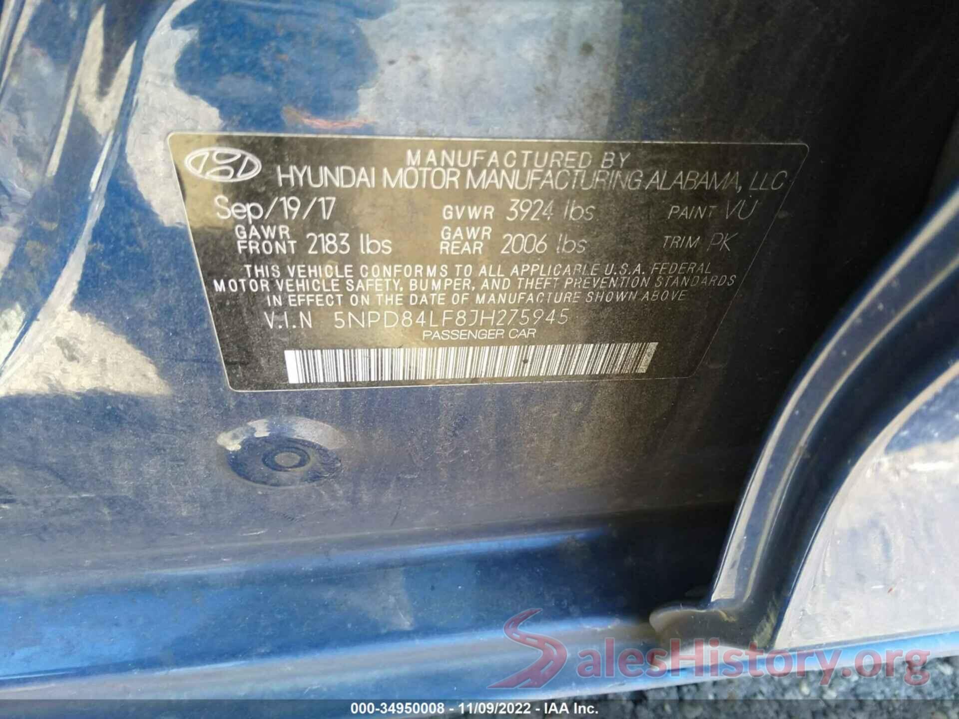 5NPD84LF8JH275945 2018 HYUNDAI ELANTRA