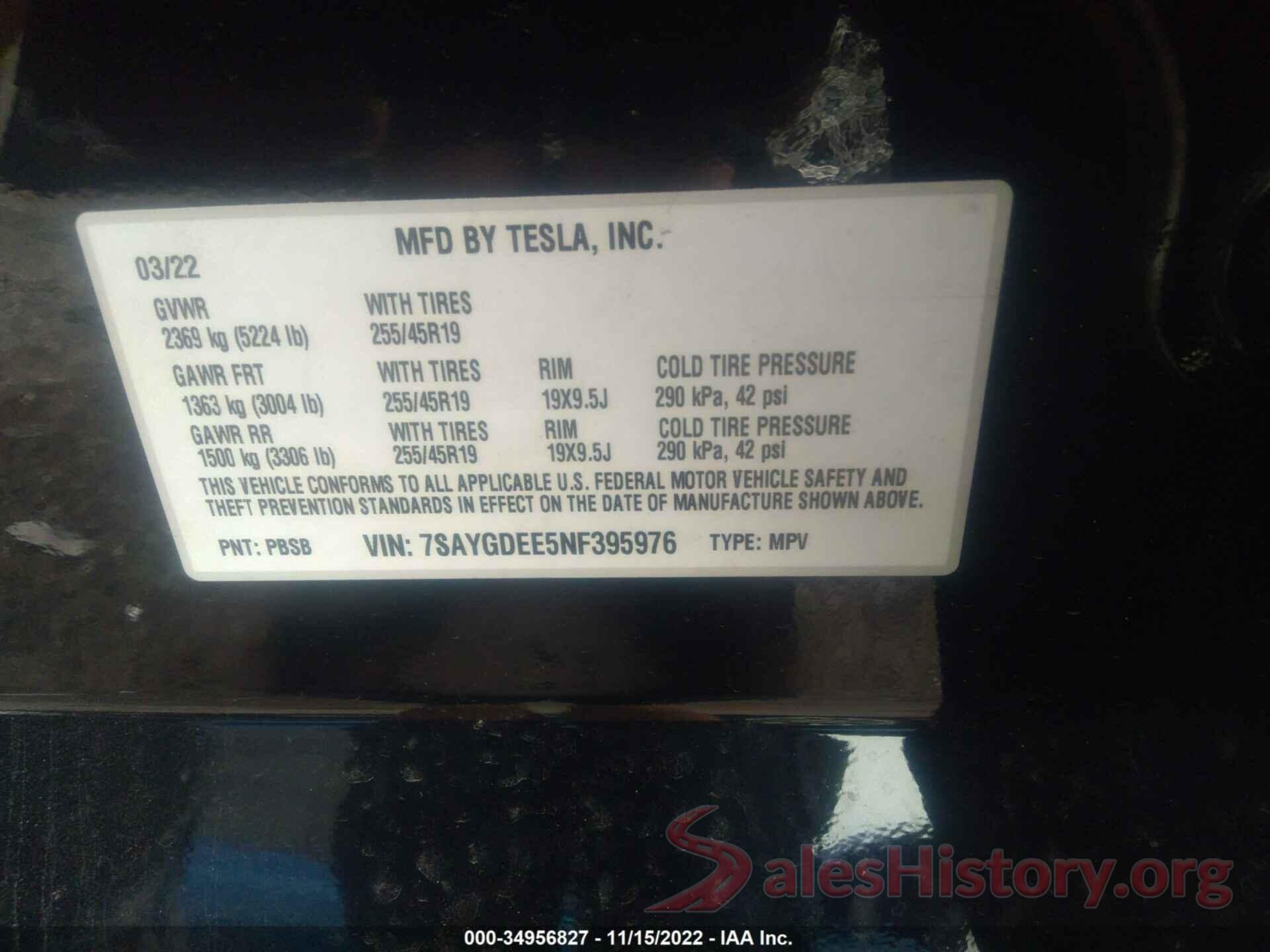 7SAYGDEE5NF395976 2022 TESLA MODEL Y