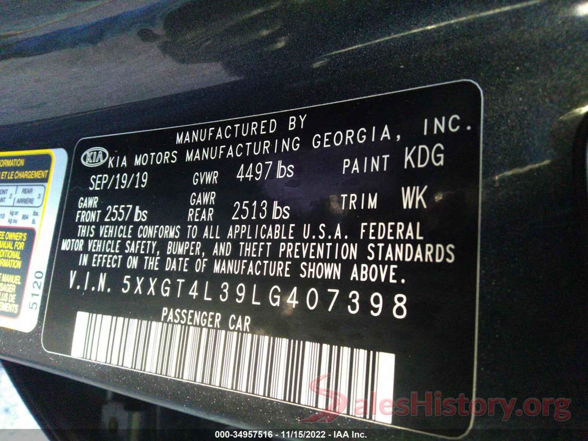 5XXGT4L39LG407398 2020 KIA OPTIMA