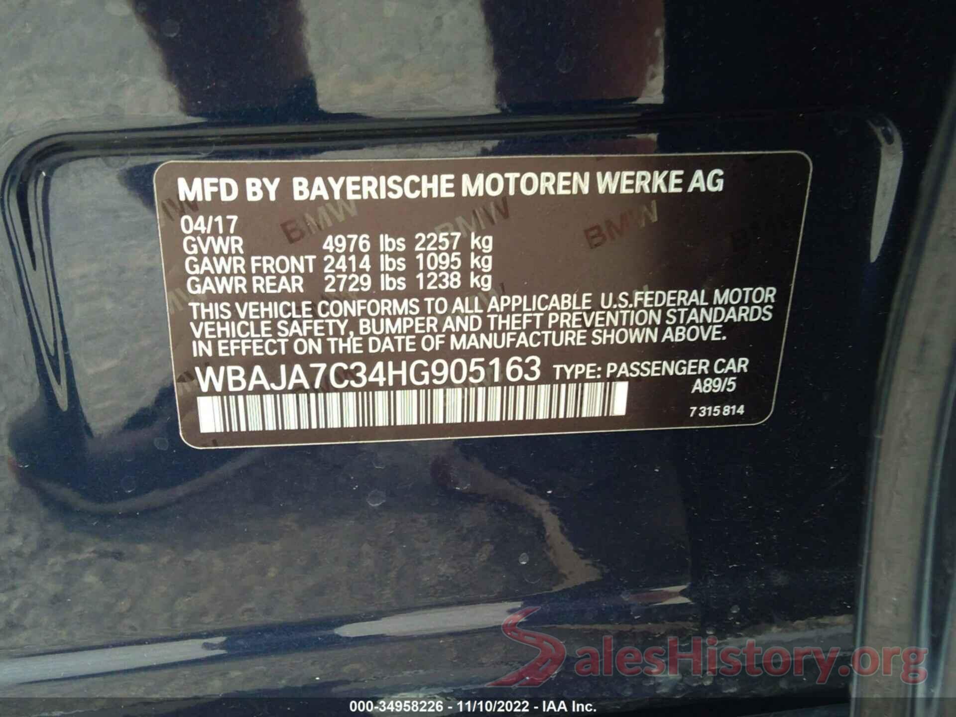 WBAJA7C34HG905163 2017 BMW 5 SERIES