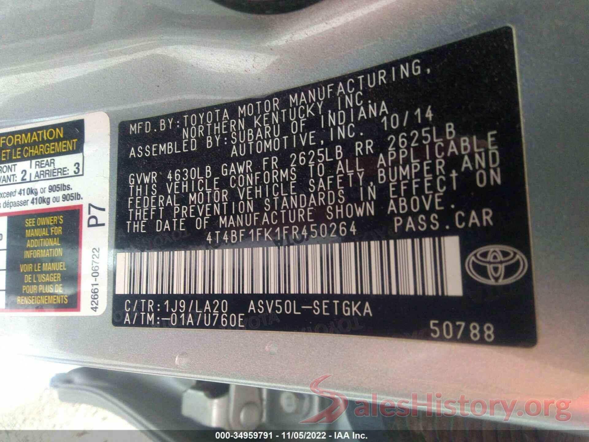 4T4BF1FK1FR450264 2015 TOYOTA CAMRY