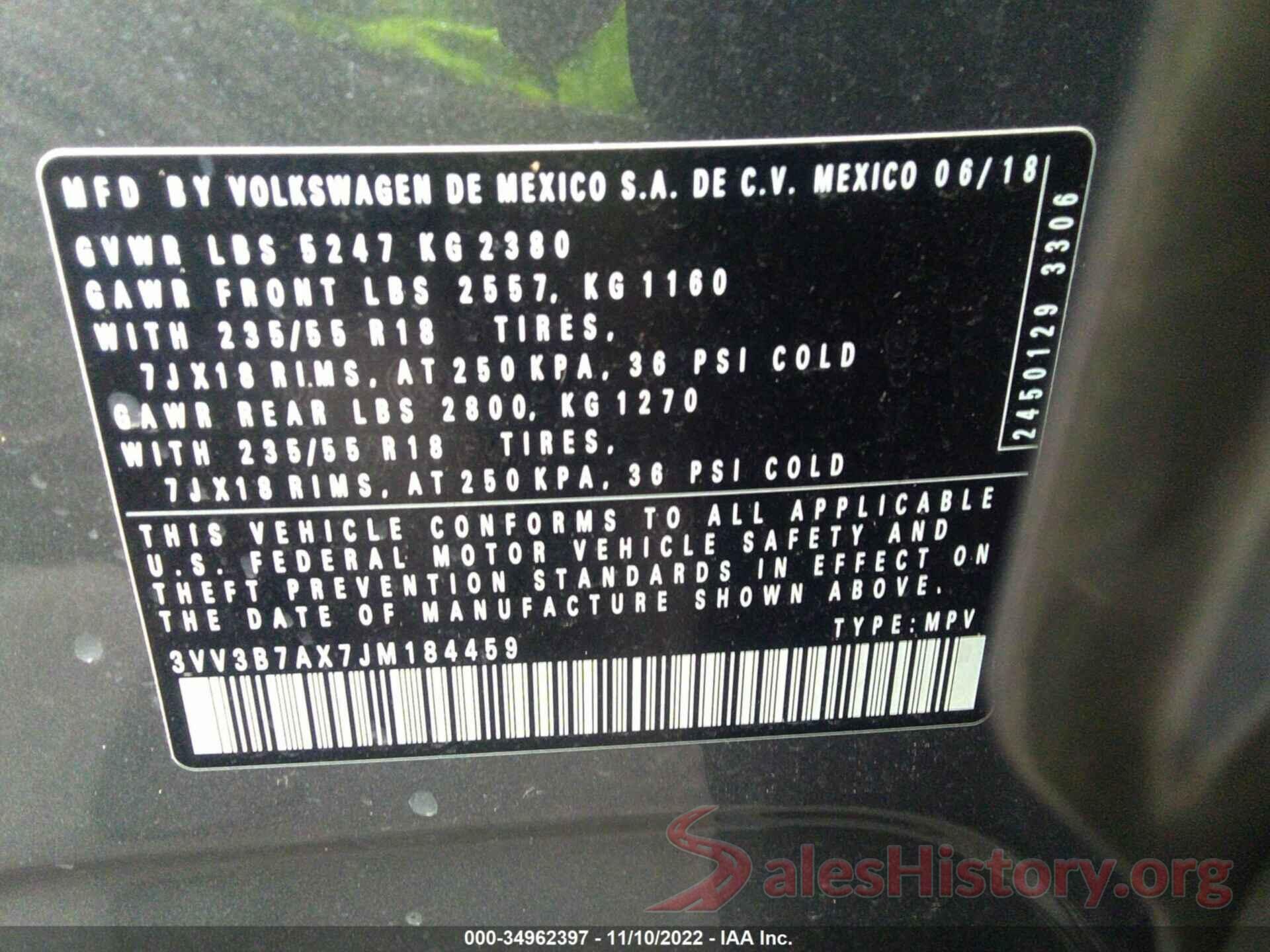 3VV3B7AX7JM184459 2018 VOLKSWAGEN TIGUAN