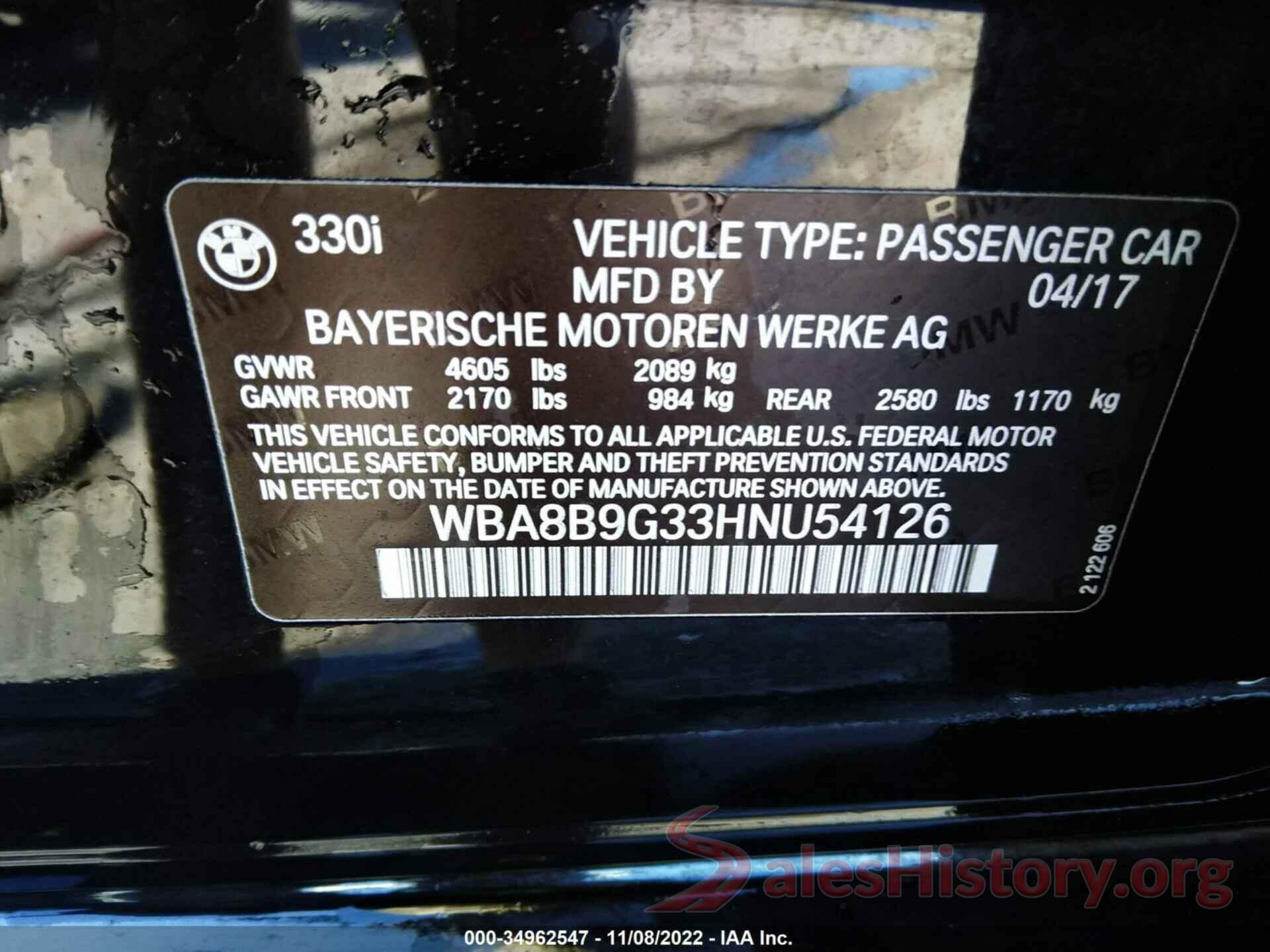 WBA8B9G33HNU54126 2017 BMW 3 SERIES