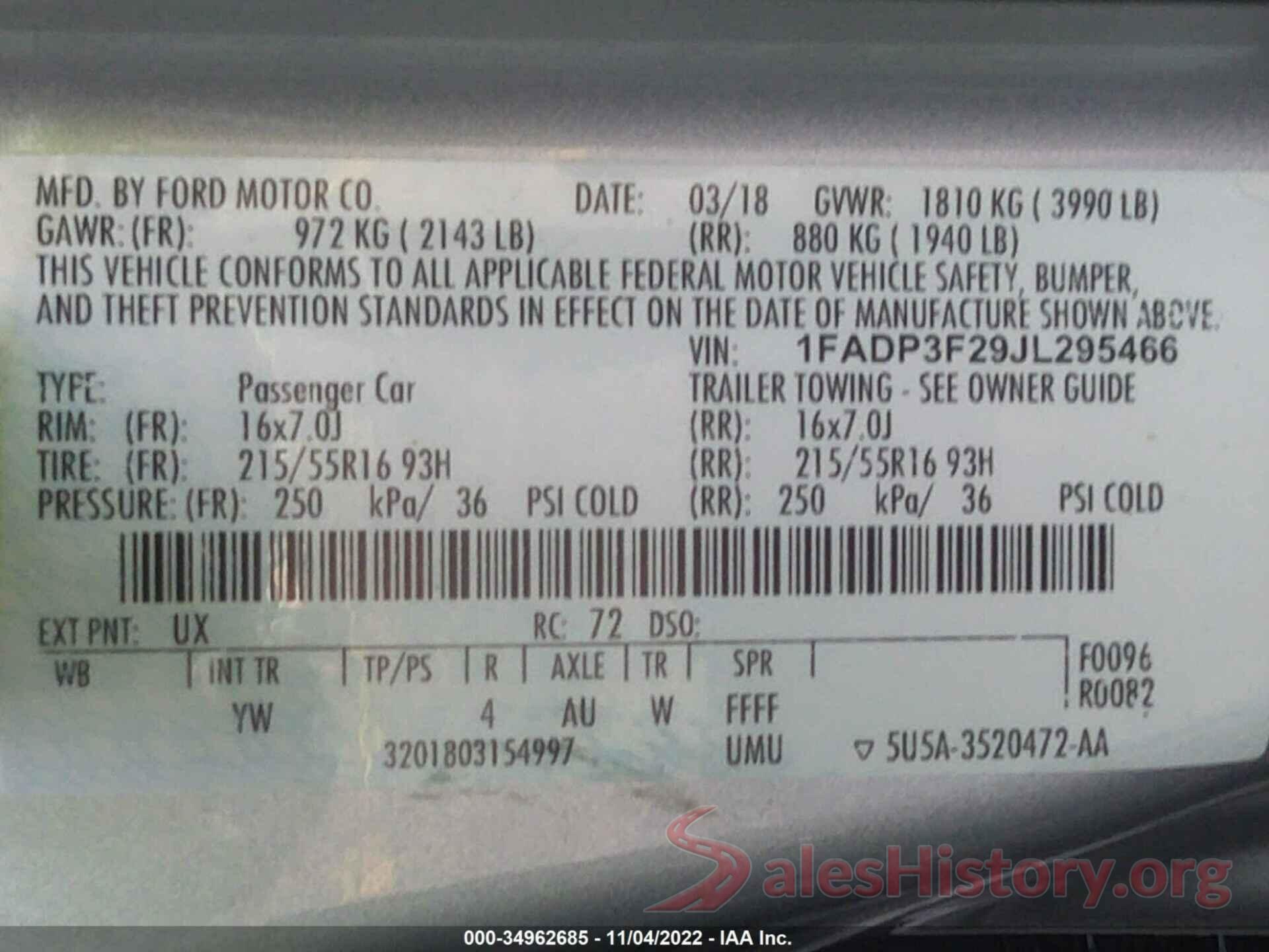 1FADP3F29JL295466 2018 FORD FOCUS