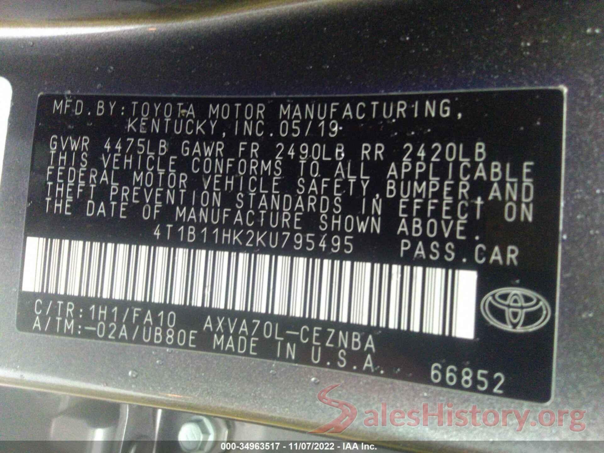 4T1B11HK2KU795495 2019 TOYOTA CAMRY