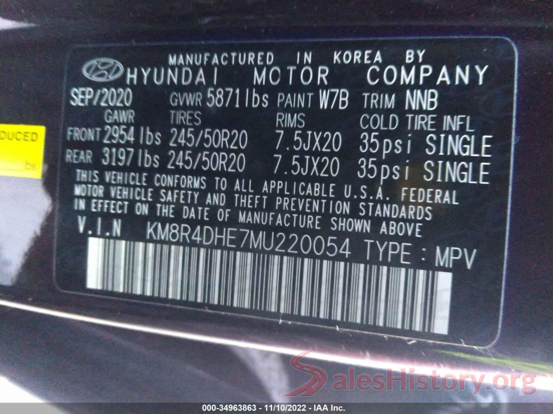 KM8R4DHE7MU220054 2021 HYUNDAI PALISADE