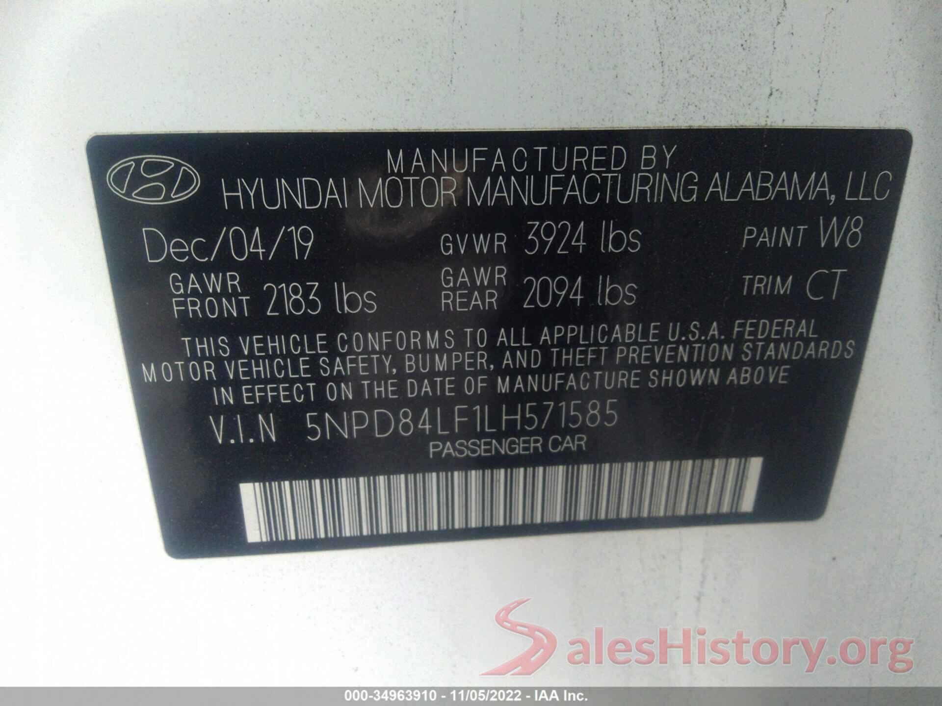 5NPD84LF1LH571585 2020 HYUNDAI ELANTRA