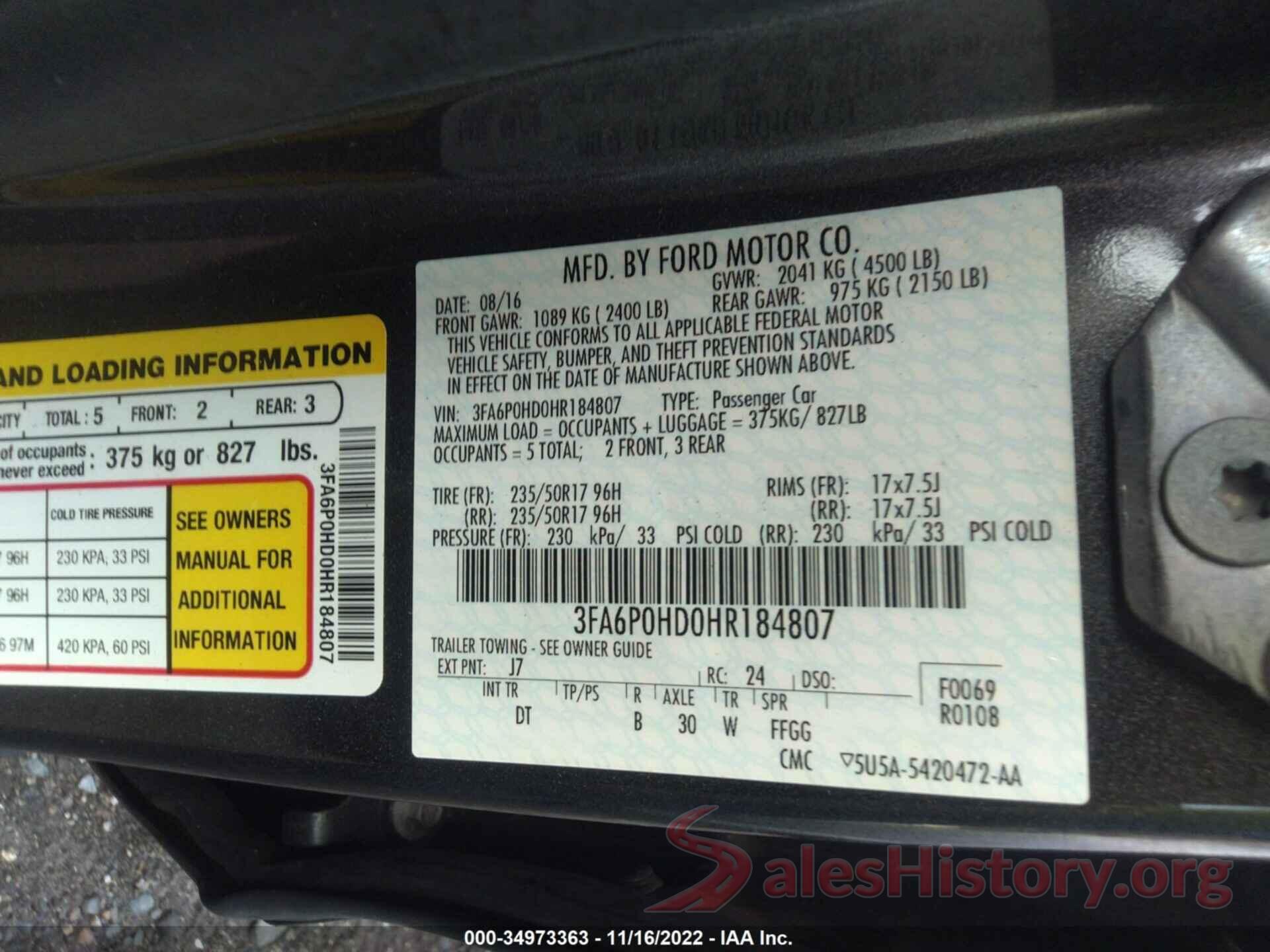 3FA6P0HD0HR184807 2017 FORD FUSION