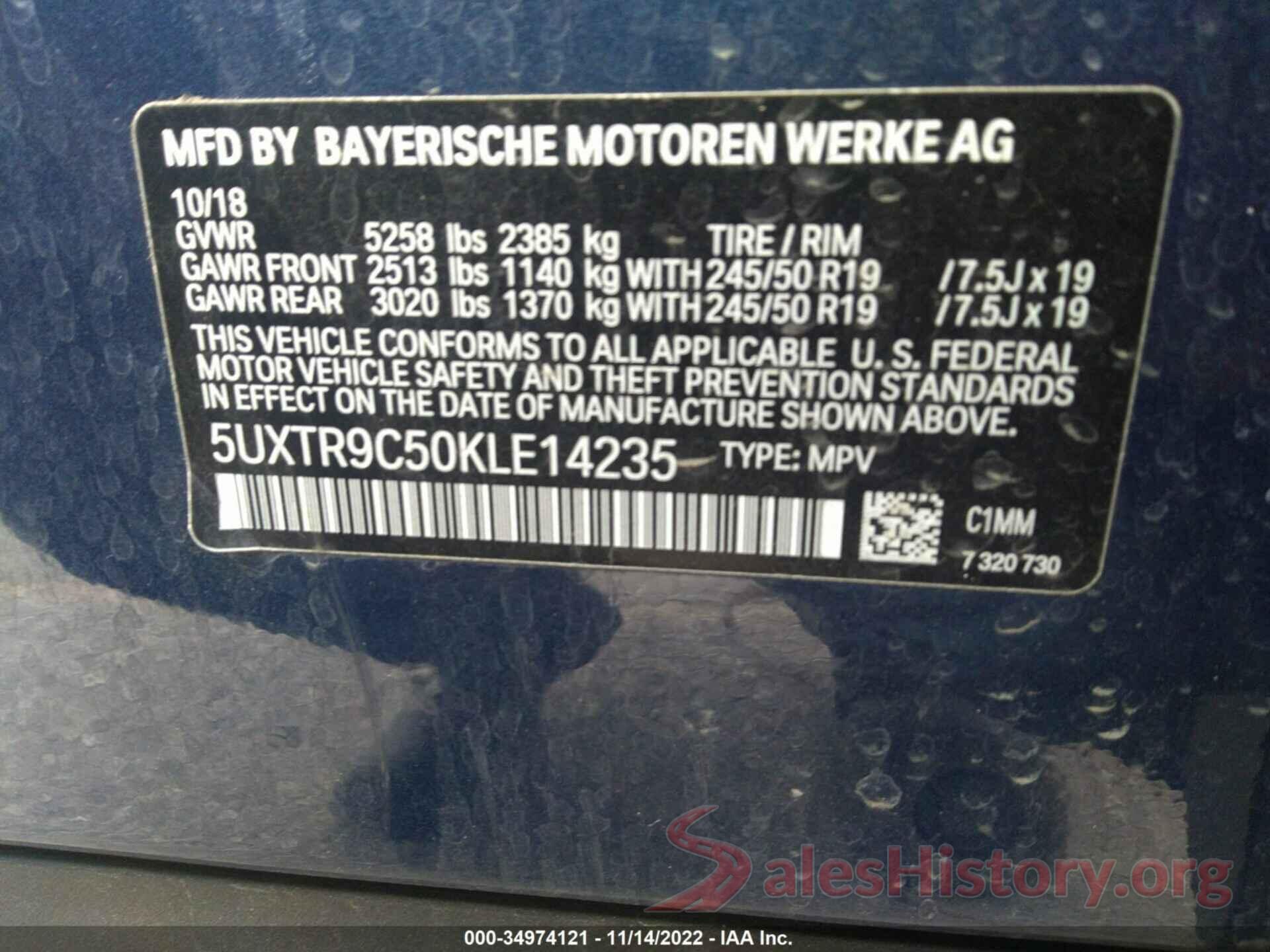 5UXTR9C50KLE14235 2019 BMW X3