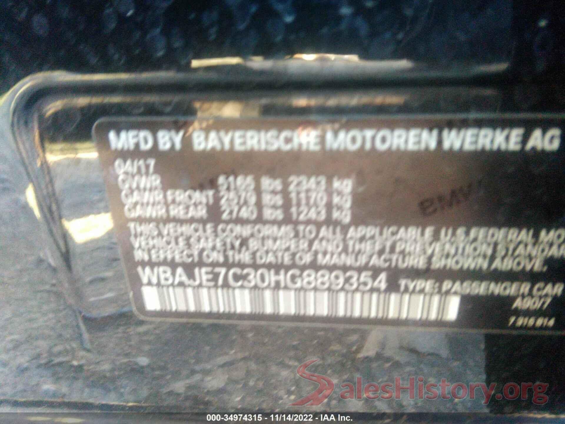 WBAJE7C30HG889354 2017 BMW 5 SERIES