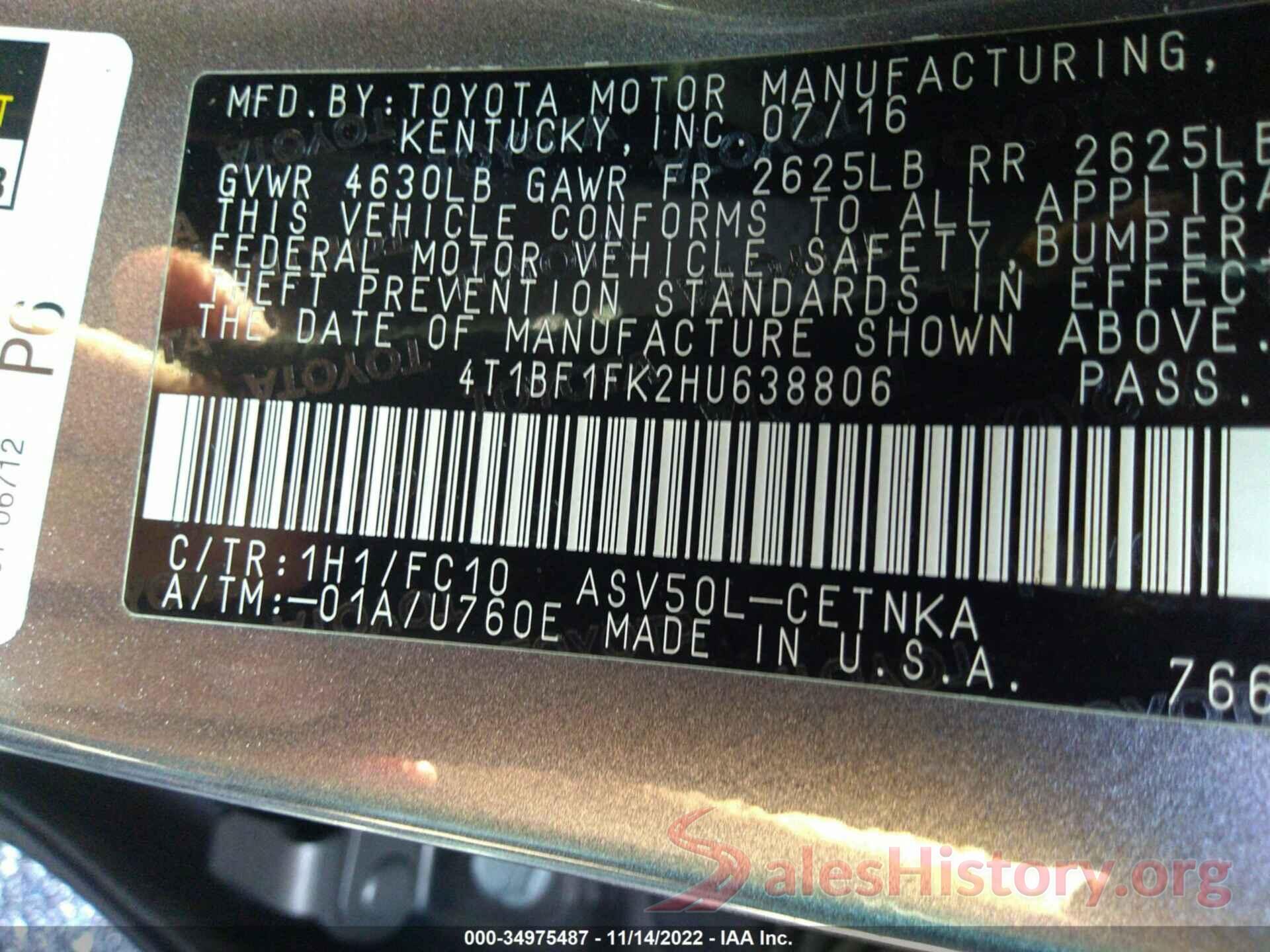 4T1BF1FK2HU638806 2017 TOYOTA CAMRY