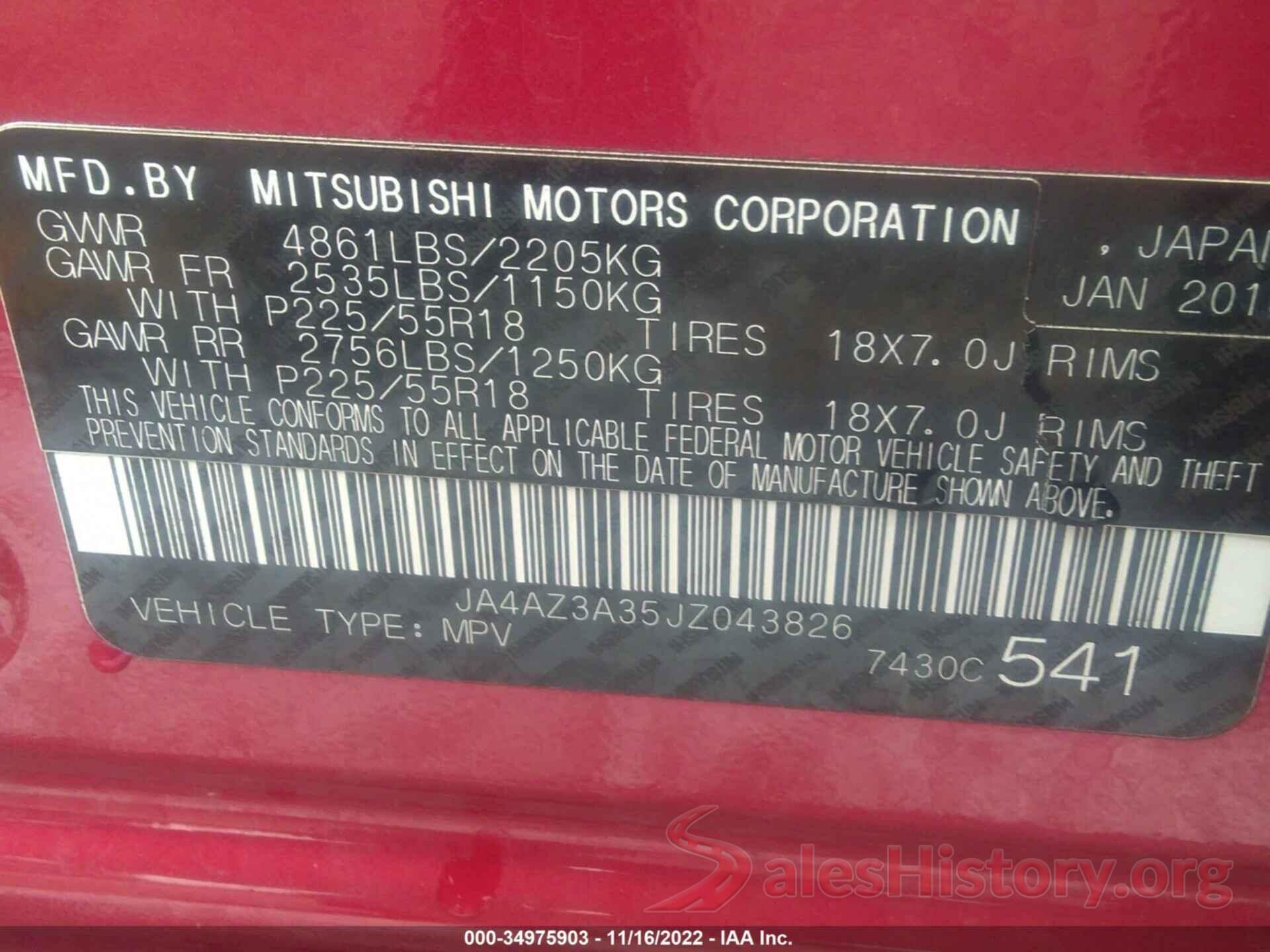 JA4AZ3A35JZ043826 2018 MITSUBISHI OUTLANDER