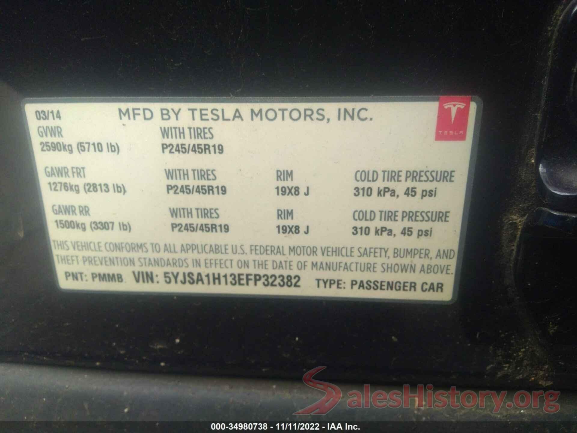 5YJSA1H13EFP32382 2014 TESLA MODEL S