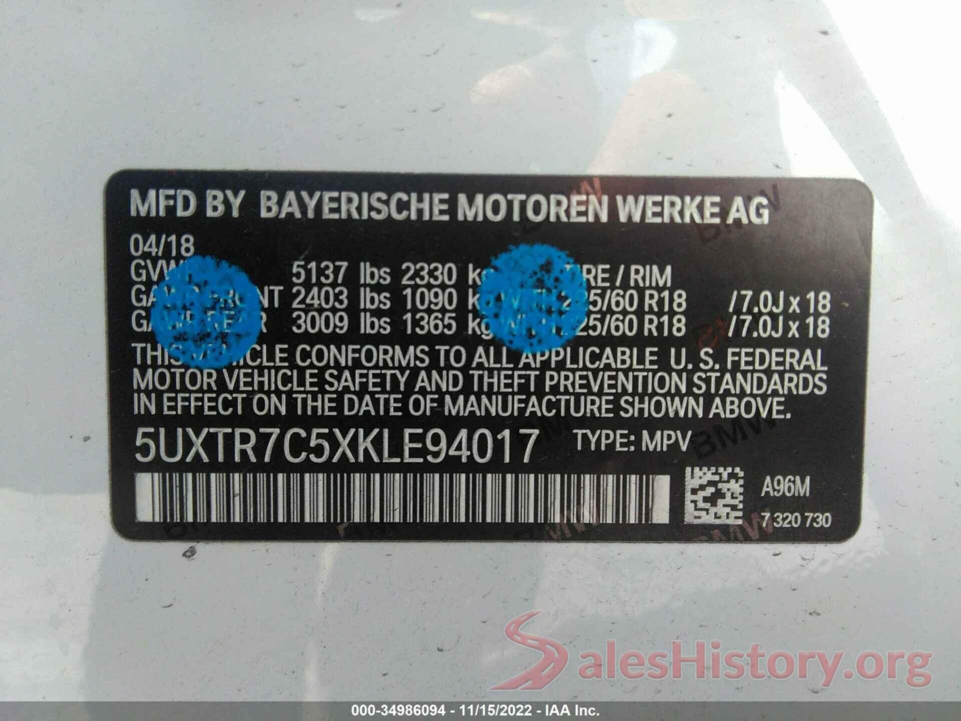 5UXTR7C5XKLE94017 2019 BMW X3