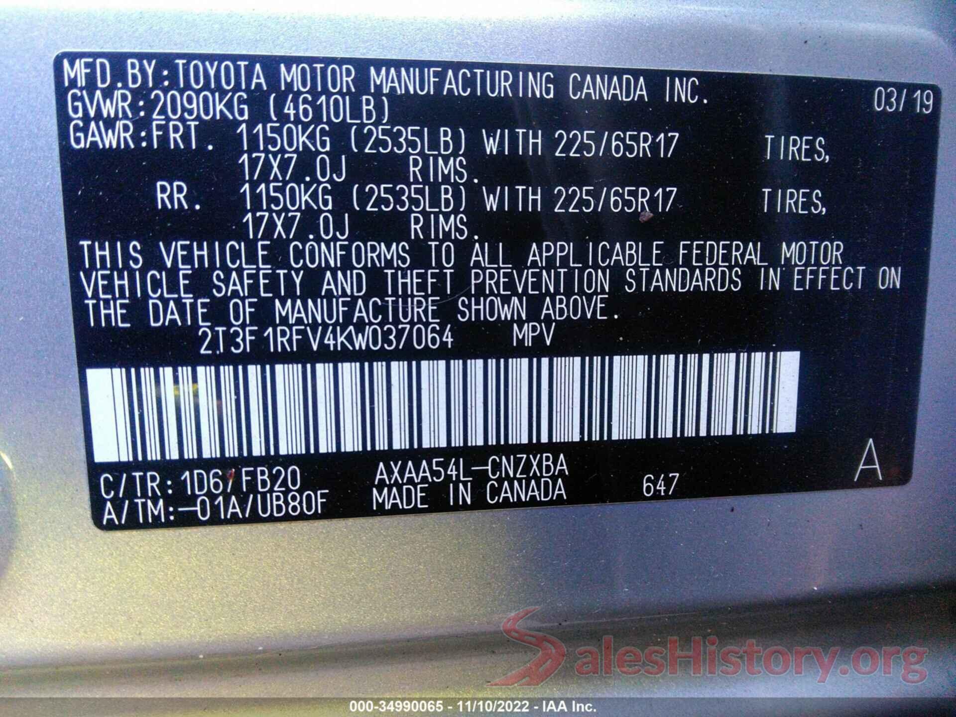 2T3F1RFV4KW037064 2019 TOYOTA RAV4