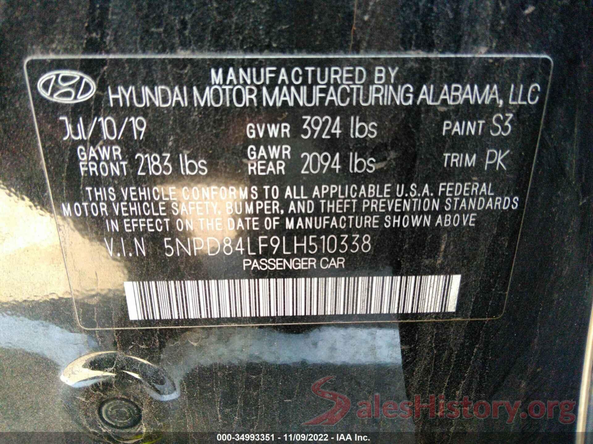 5NPD84LF9LH510338 2020 HYUNDAI ELANTRA