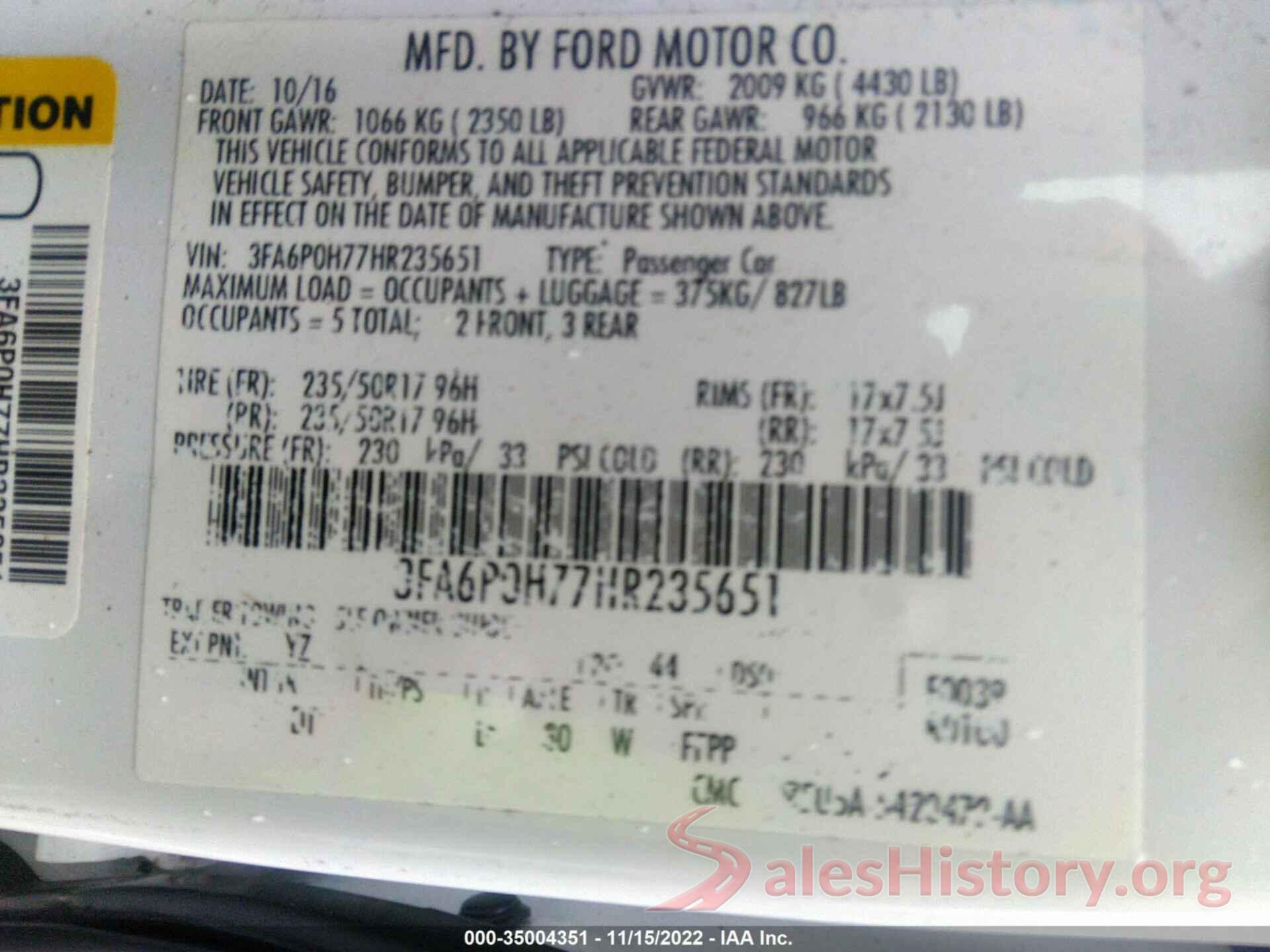 3FA6P0H77HR235651 2017 FORD FUSION