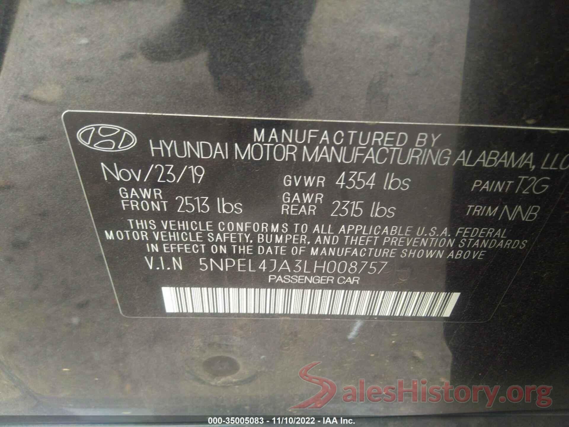 5NPEL4JA3LH008757 2020 HYUNDAI SONATA