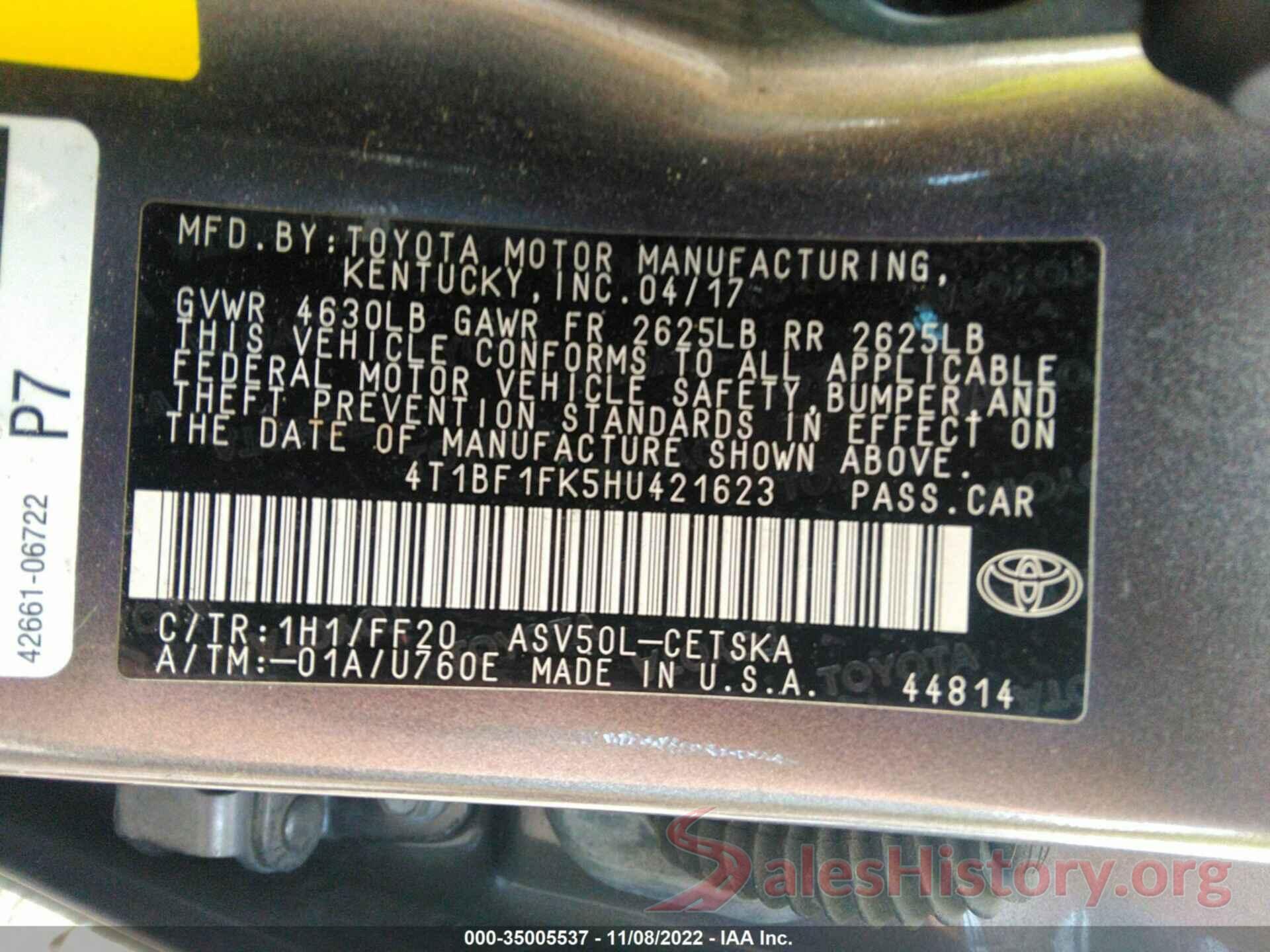 4T1BF1FK5HU421623 2017 TOYOTA CAMRY