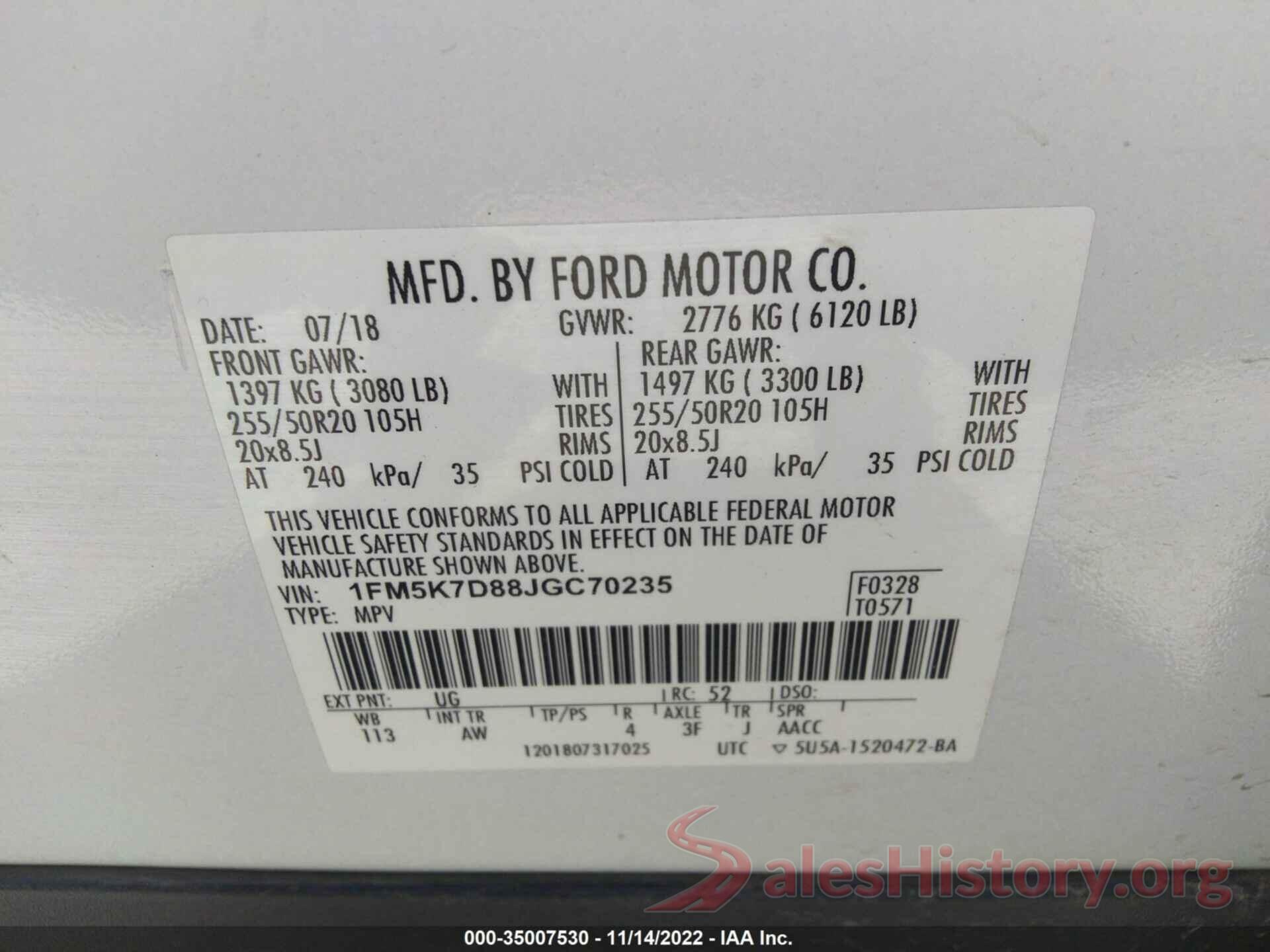 1FM5K7D88JGC70235 2018 FORD EXPLORER