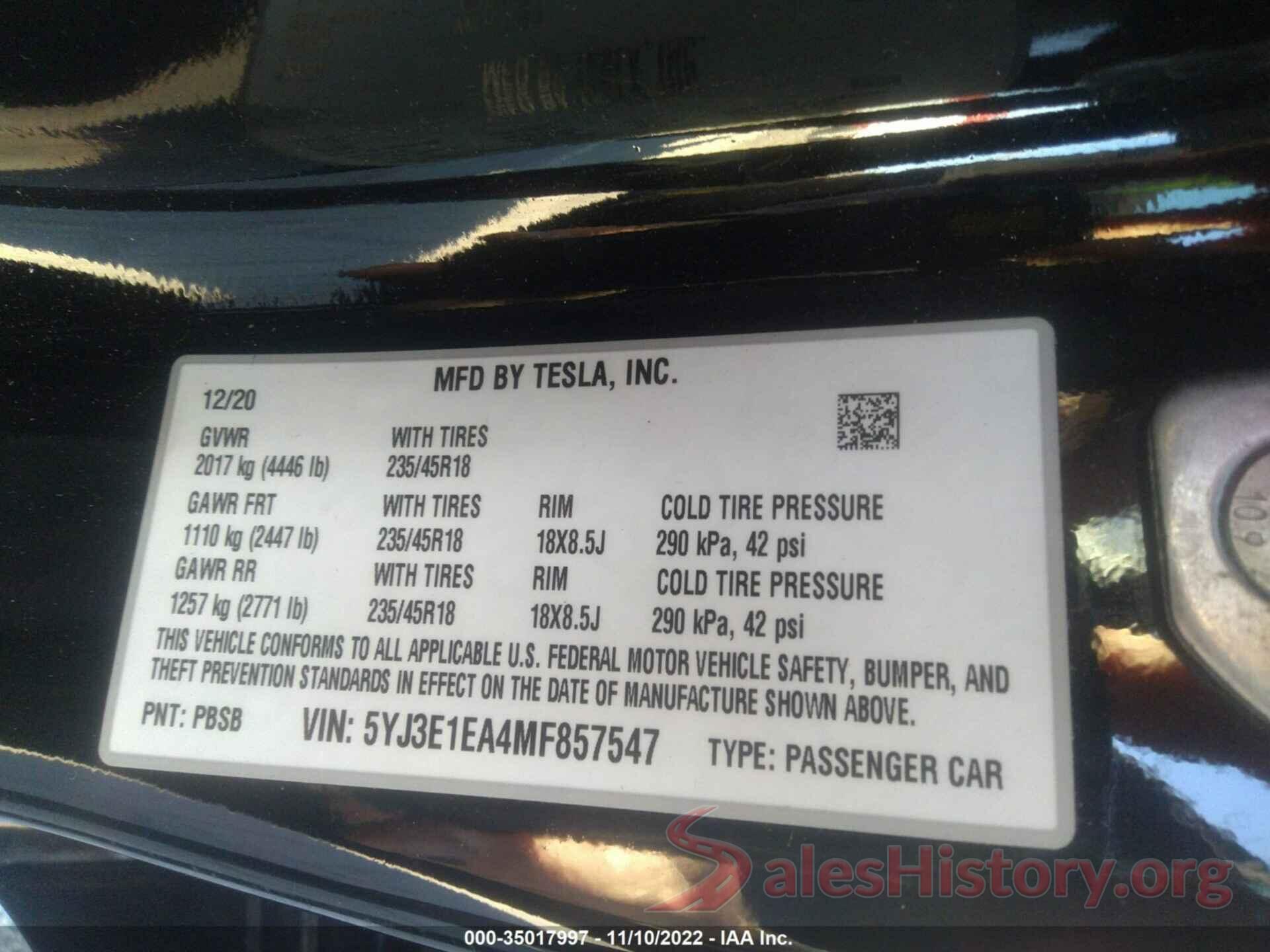 5YJ3E1EA4MF857547 2021 TESLA MODEL 3