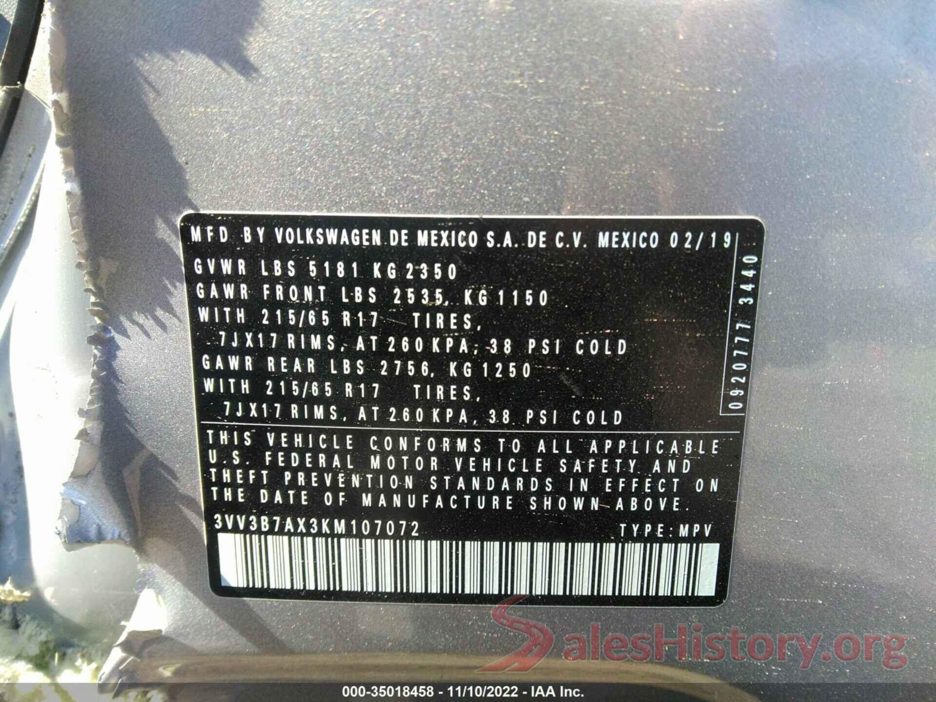 3VV3B7AX3KM107072 2019 VOLKSWAGEN TIGUAN