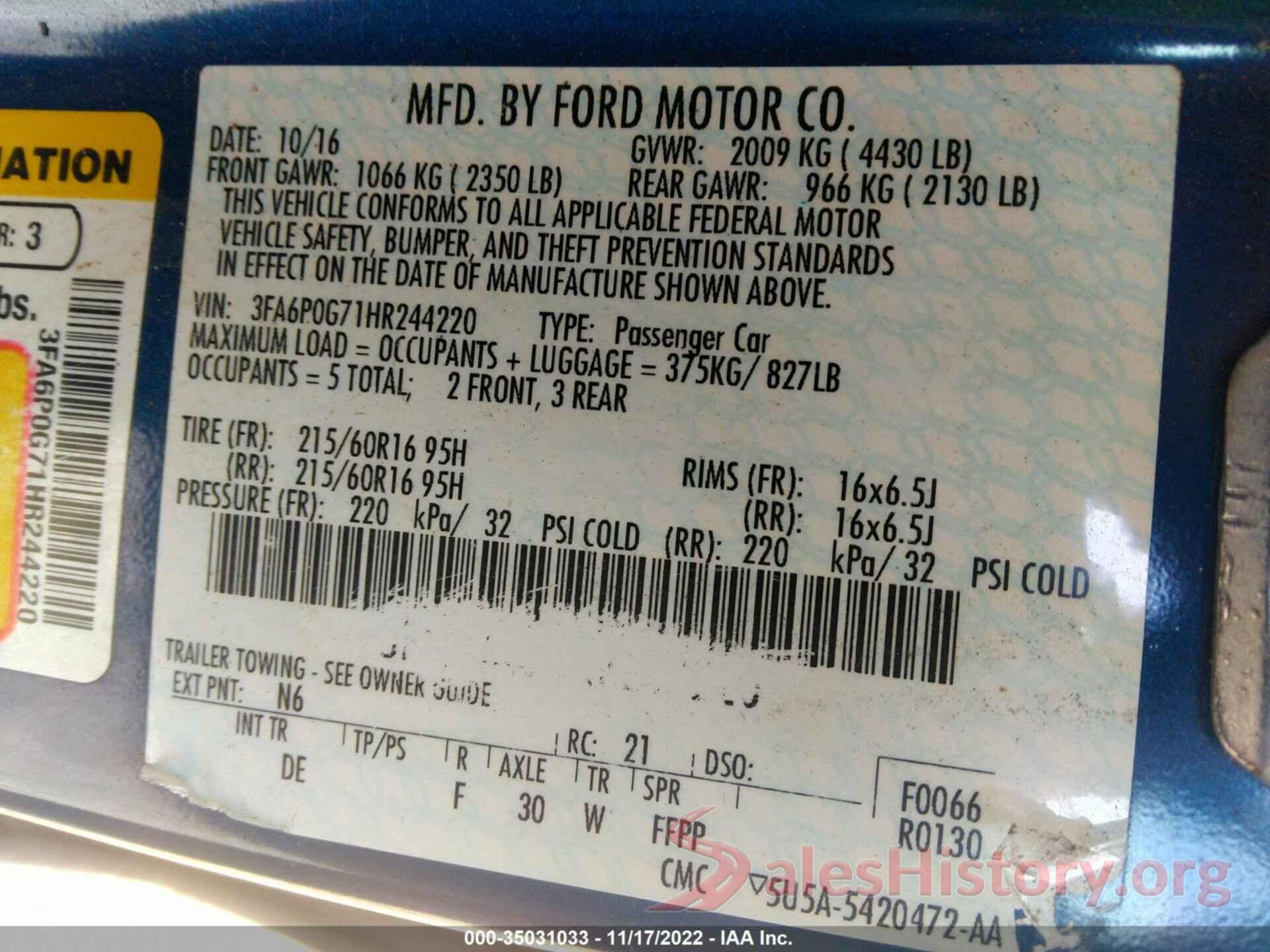 3FA6P0G71HR244220 2017 FORD FUSION