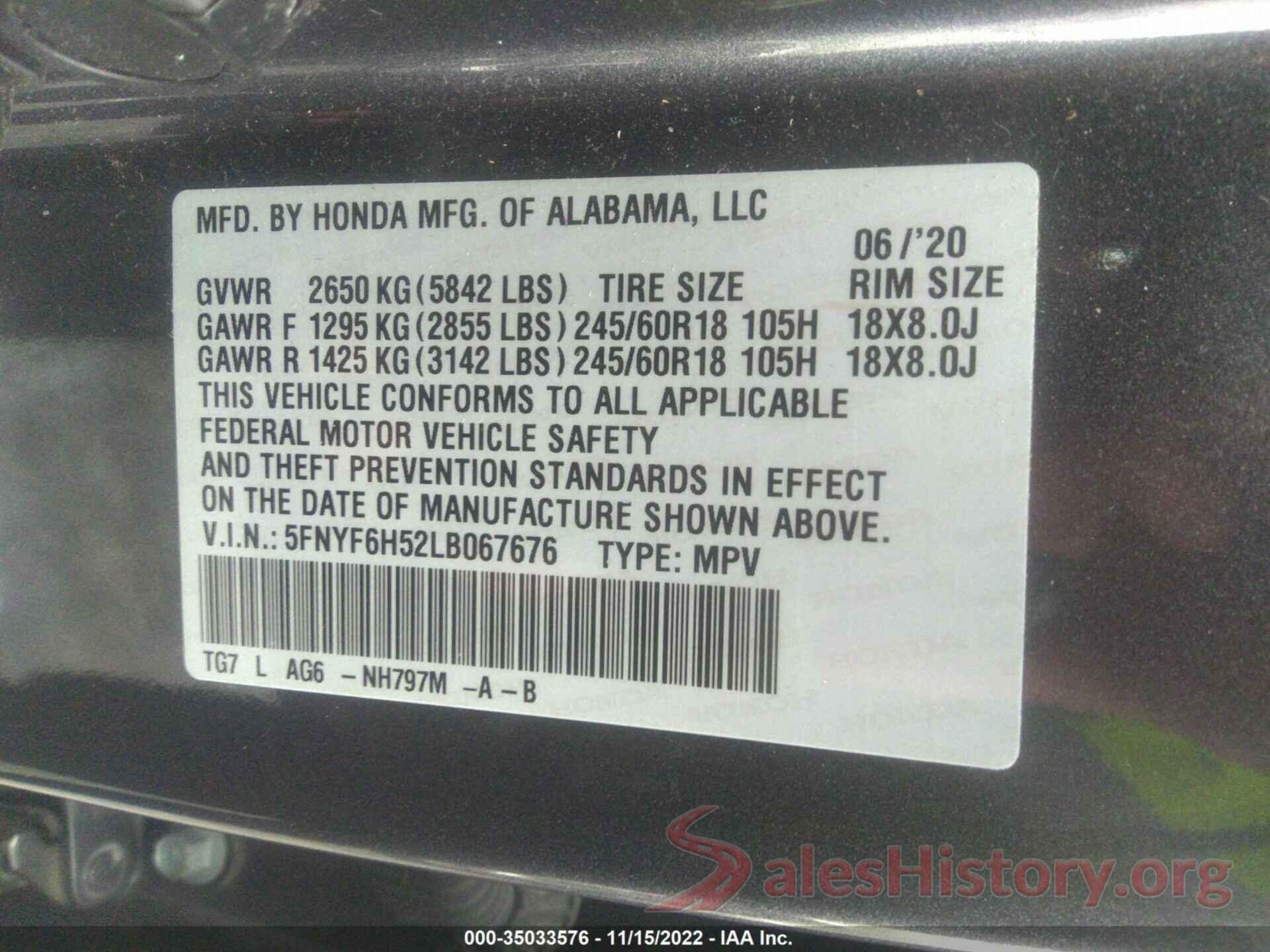 5FNYF6H52LB067676 2020 HONDA PILOT