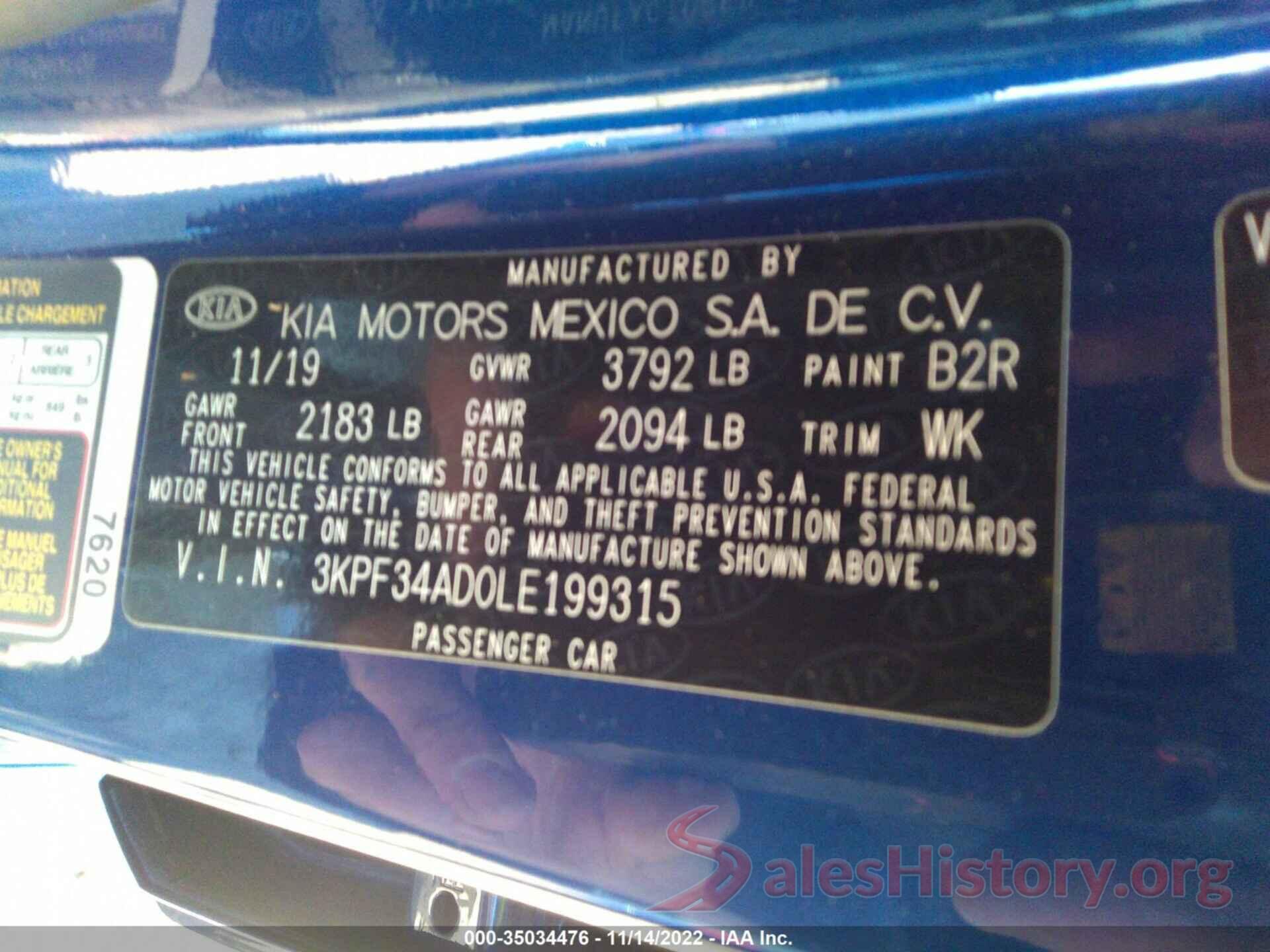 3KPF34AD0LE199315 2020 KIA FORTE