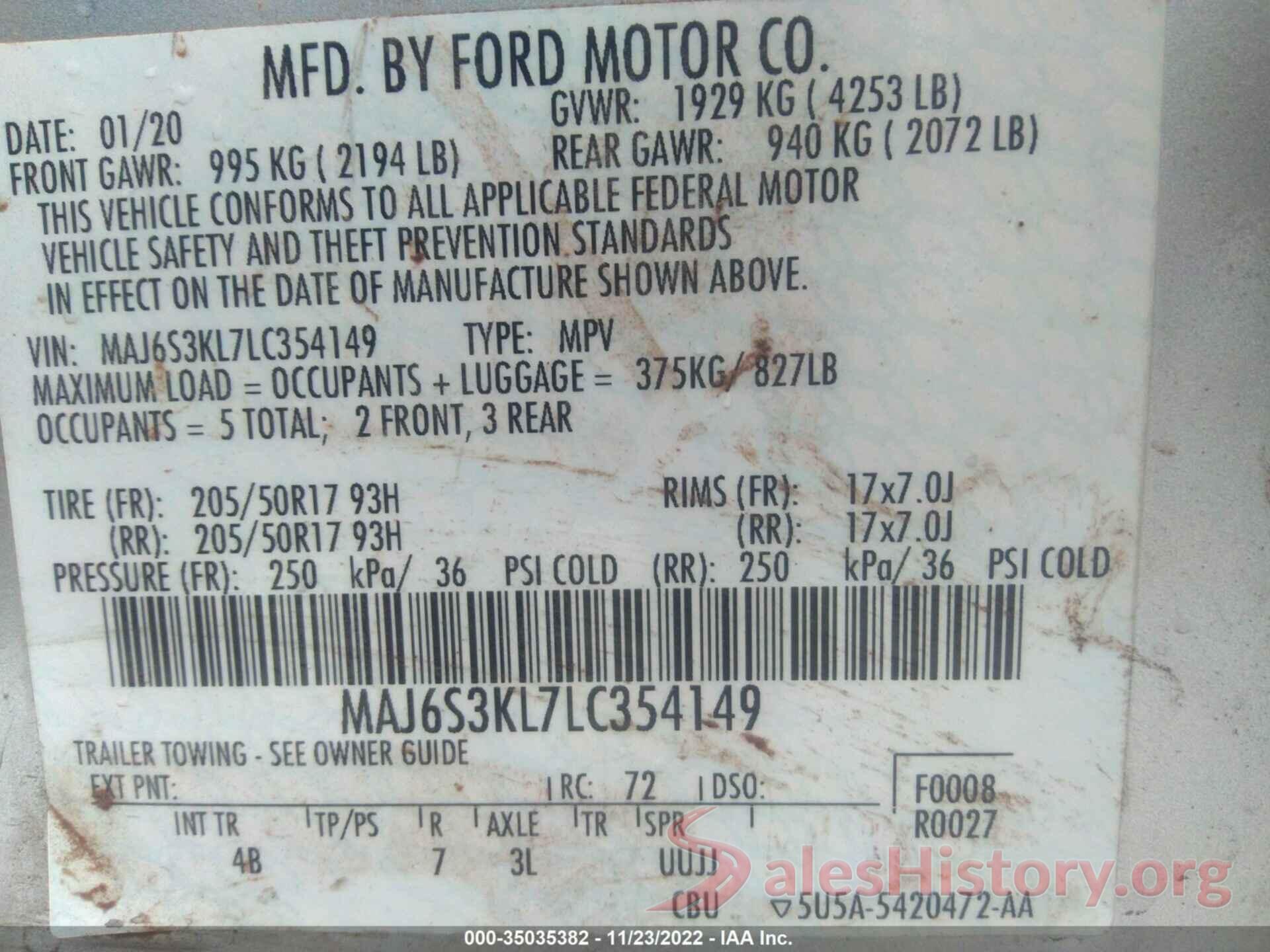 MAJ6S3KL7LC354149 2020 FORD ECOSPORT