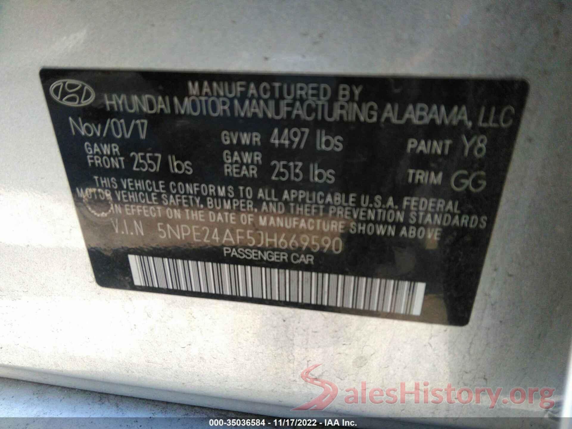 5NPE24AF5JH669590 2018 HYUNDAI SONATA