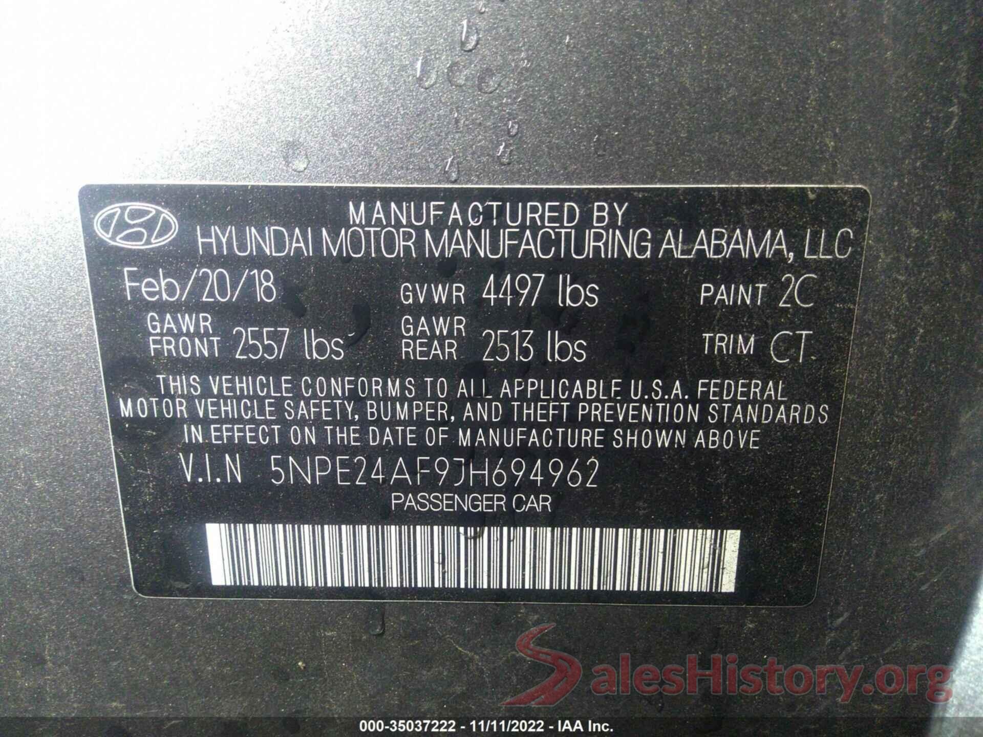 5NPE24AF9JH694962 2018 HYUNDAI SONATA