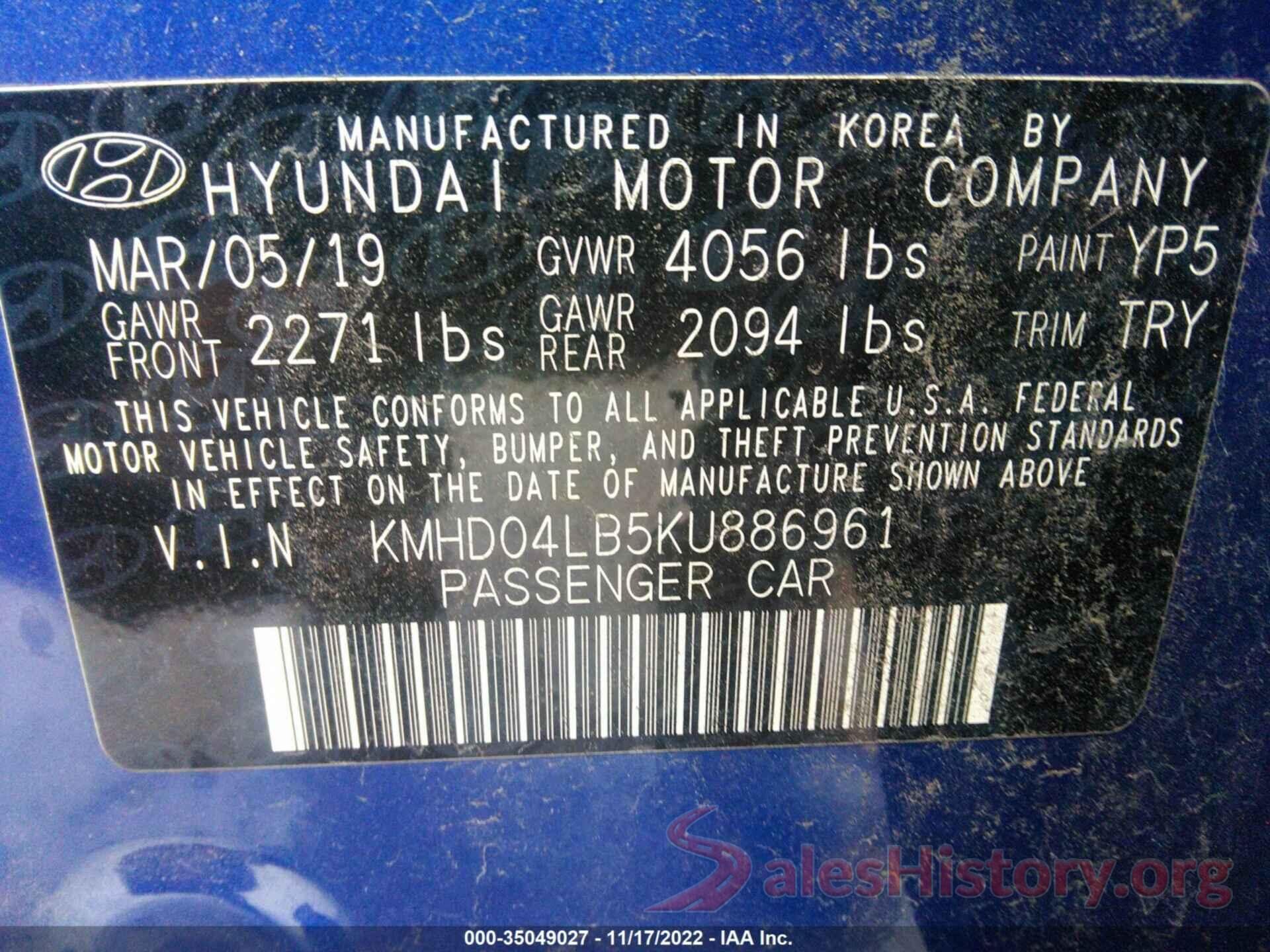 KMHD04LB5KU886961 2019 HYUNDAI ELANTRA