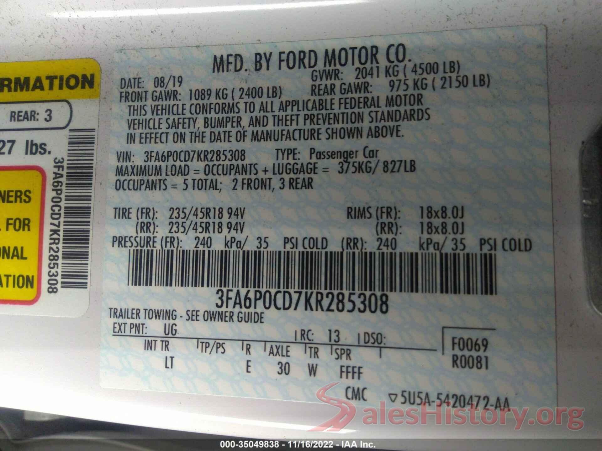 3FA6P0CD7KR285308 2019 FORD FUSION