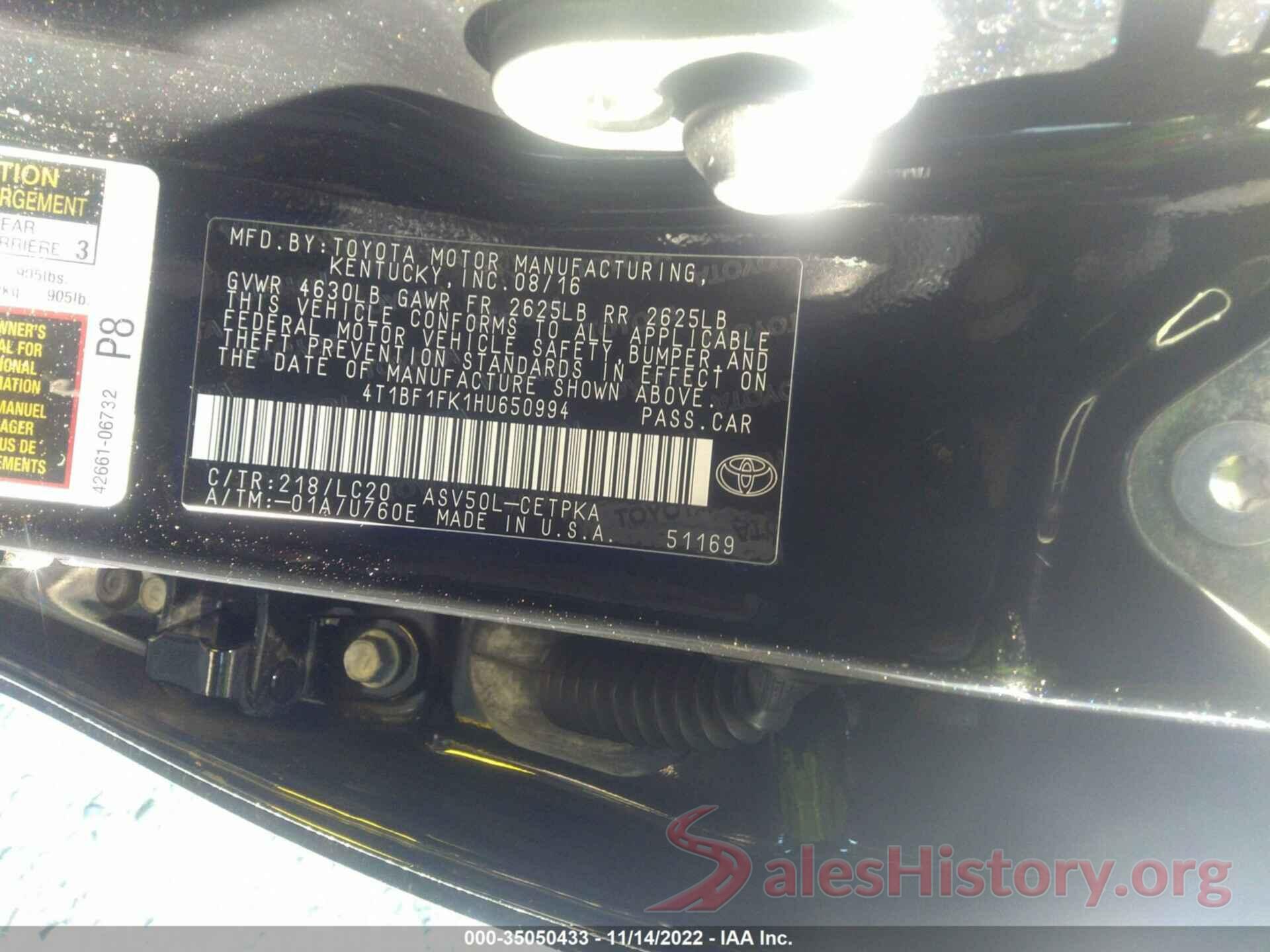 4T1BF1FK1HU650994 2017 TOYOTA CAMRY