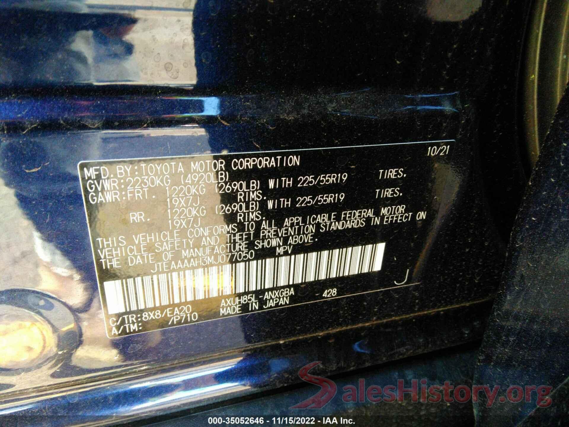 JTEAAAAH3MJ077050 2021 TOYOTA VENZA