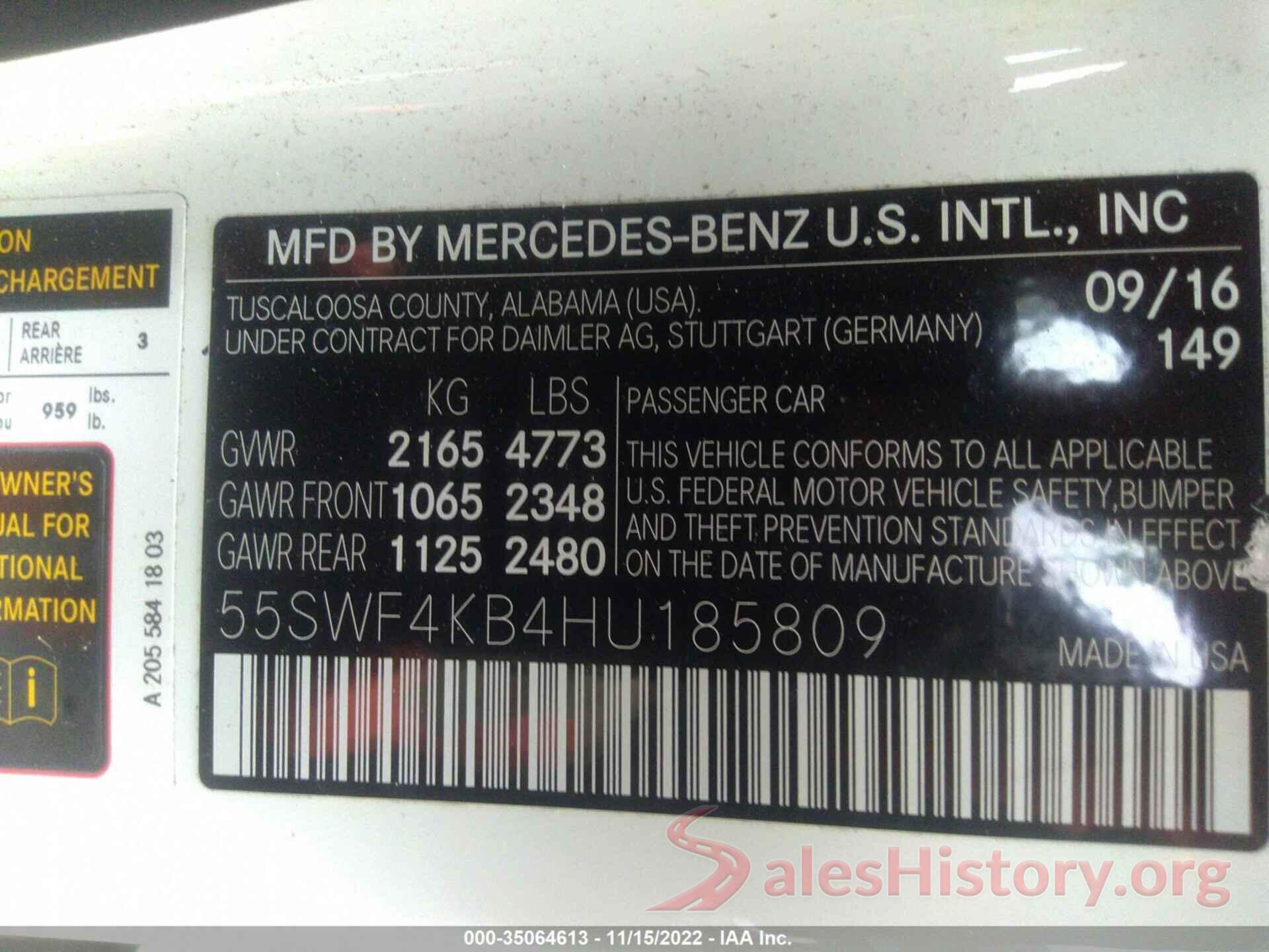 55SWF4KB4HU185809 2017 MERCEDES-BENZ C-CLASS