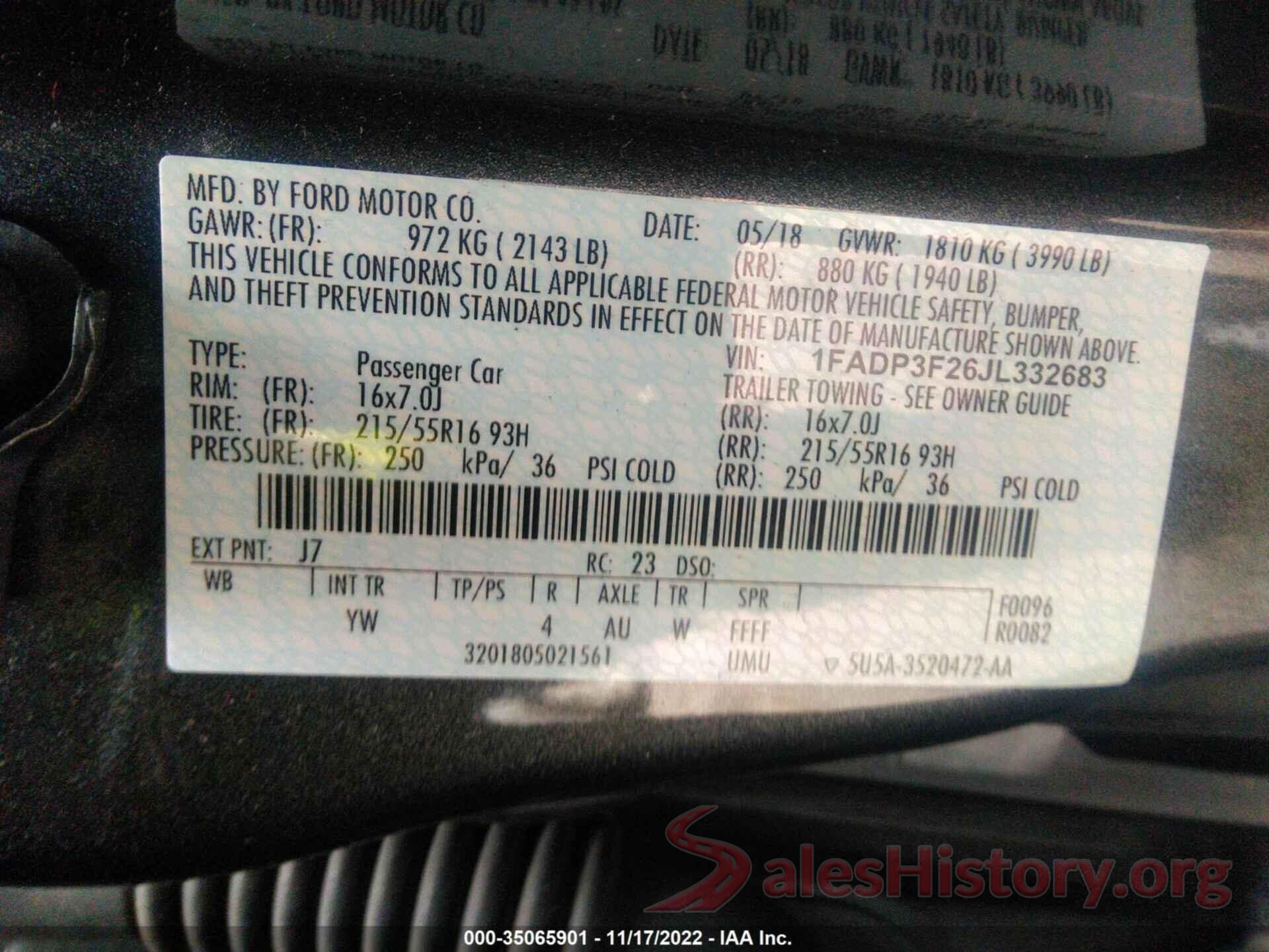 1FADP3F26JL332683 2018 FORD FOCUS