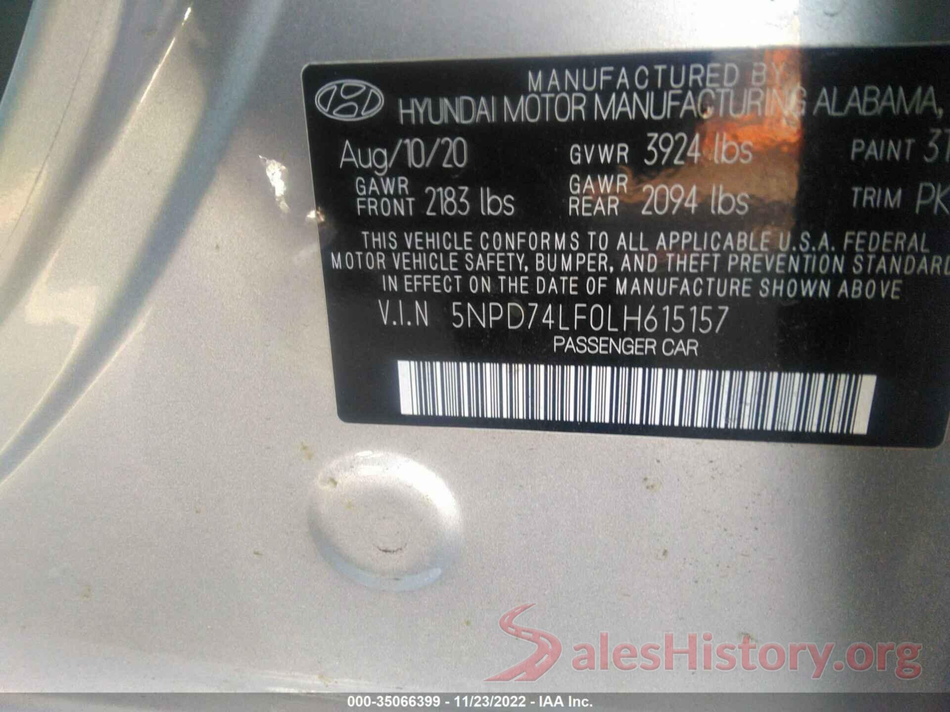 5NPD74LF0LH615157 2020 HYUNDAI ELANTRA